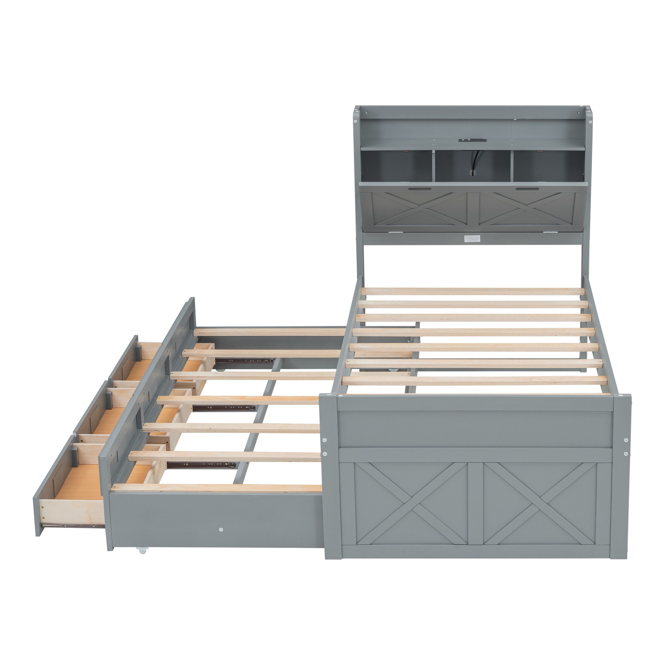 Twin Size Wooden Bed with Storage Headboard with Outlets, Extendable Bed with Twin Size Trundle with Three Storage Drawers,Gray - Image 6
