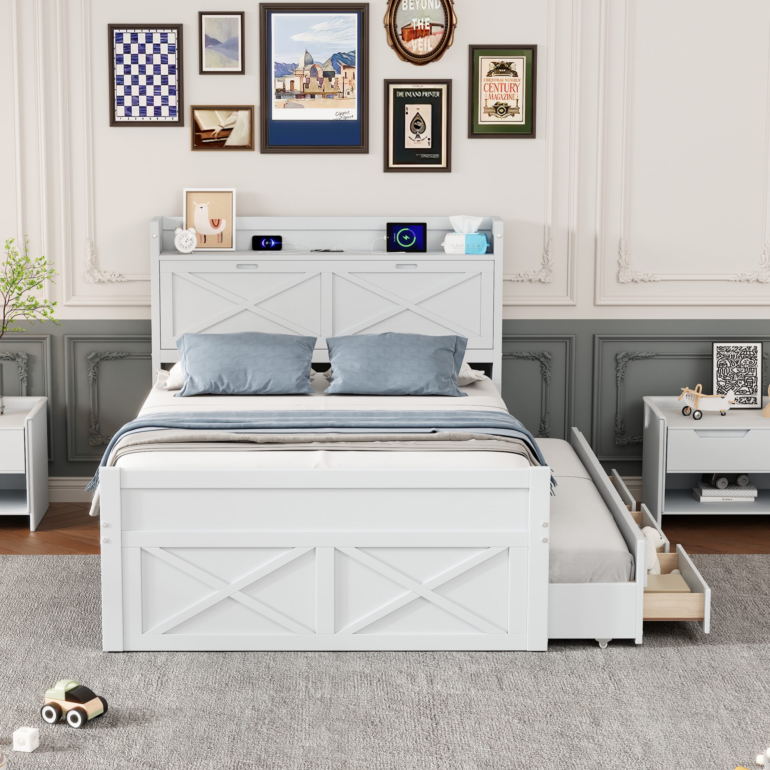 Full Size Wooden Bed with Storage Headboard with Outlets, Extendable Bed with Twin Size Trundle with Three Storage Drawers,White - Image 3
