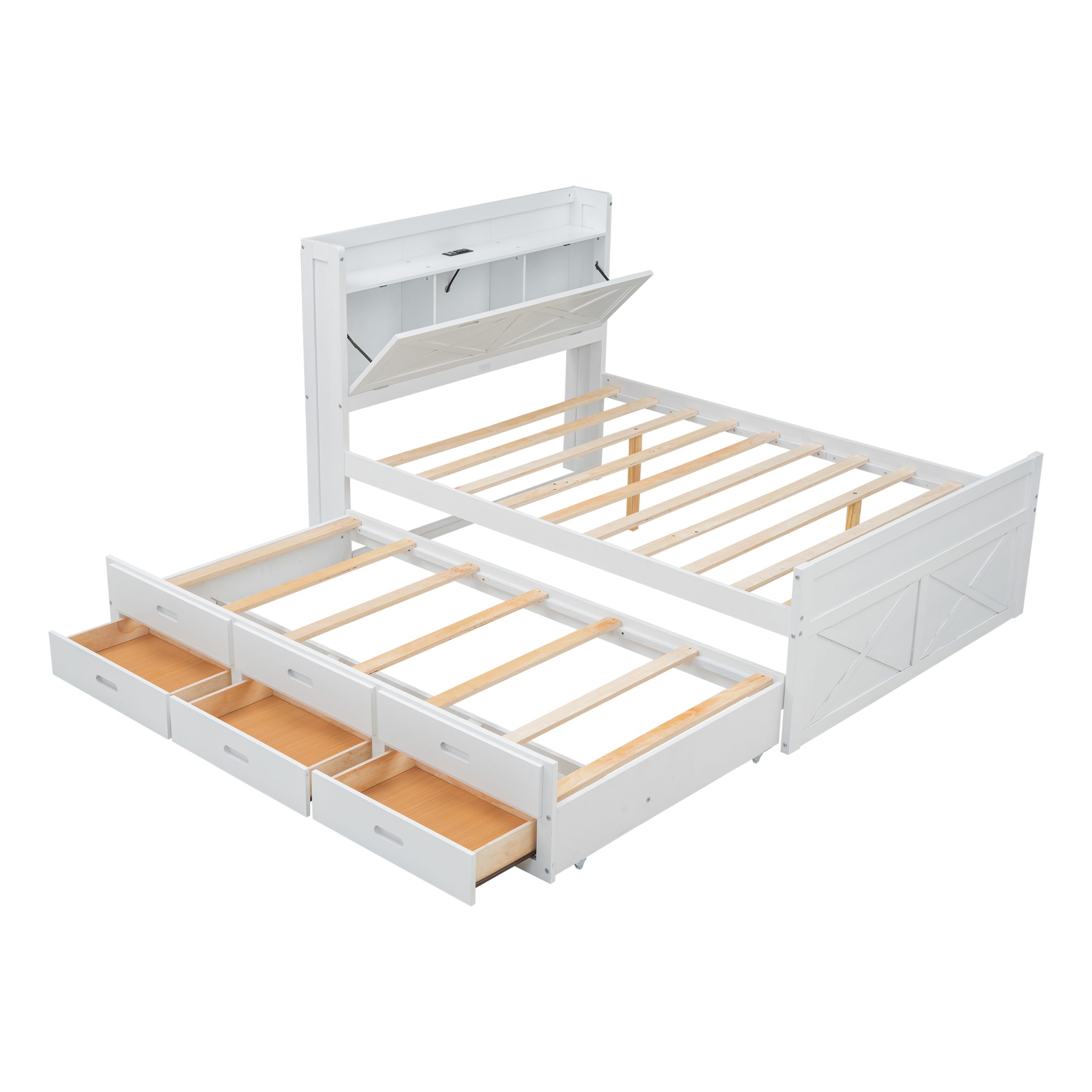 Full Size Wooden Bed with Storage Headboard with Outlets, Extendable Bed with Twin Size Trundle with Three Storage Drawers,White - Image 5