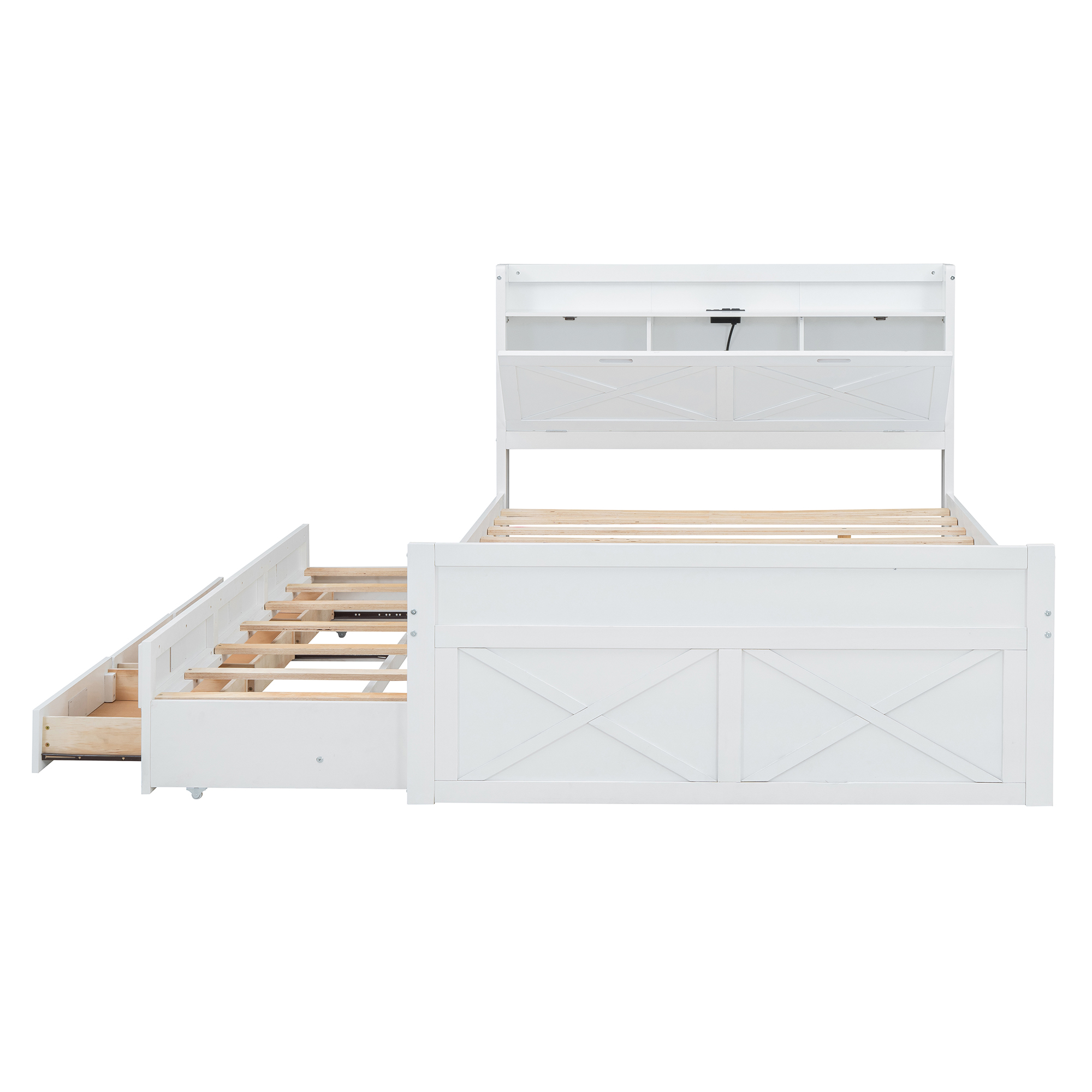 Full Size Wooden Bed with Storage Headboard with Outlets, Extendable Bed with Twin Size Trundle with Three Storage Drawers,White - Image 6