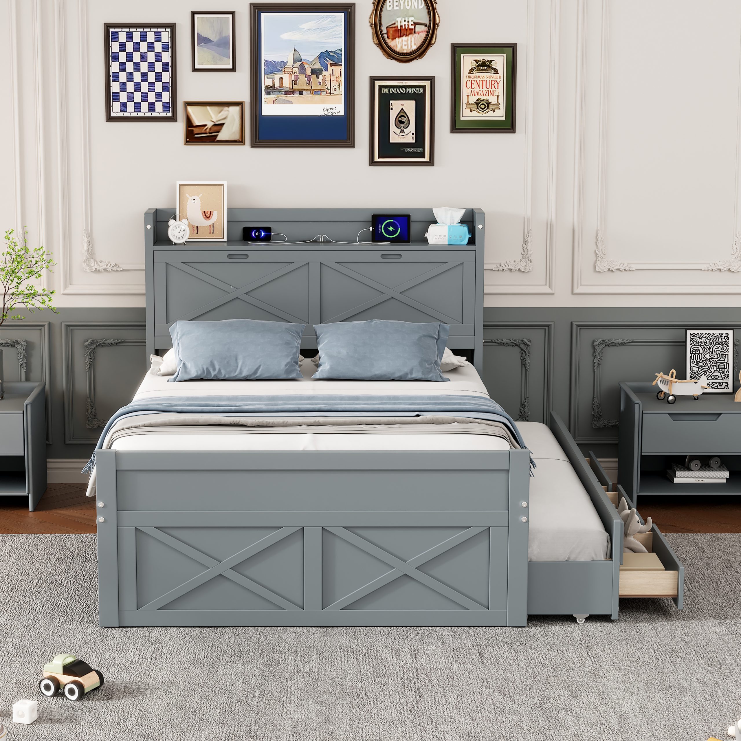 Full Size Wooden Bed with Storage Headboard with Outlets, Extendable Bed with Twin Size Trundle with Three Storage Drawers,Gray - Image 2