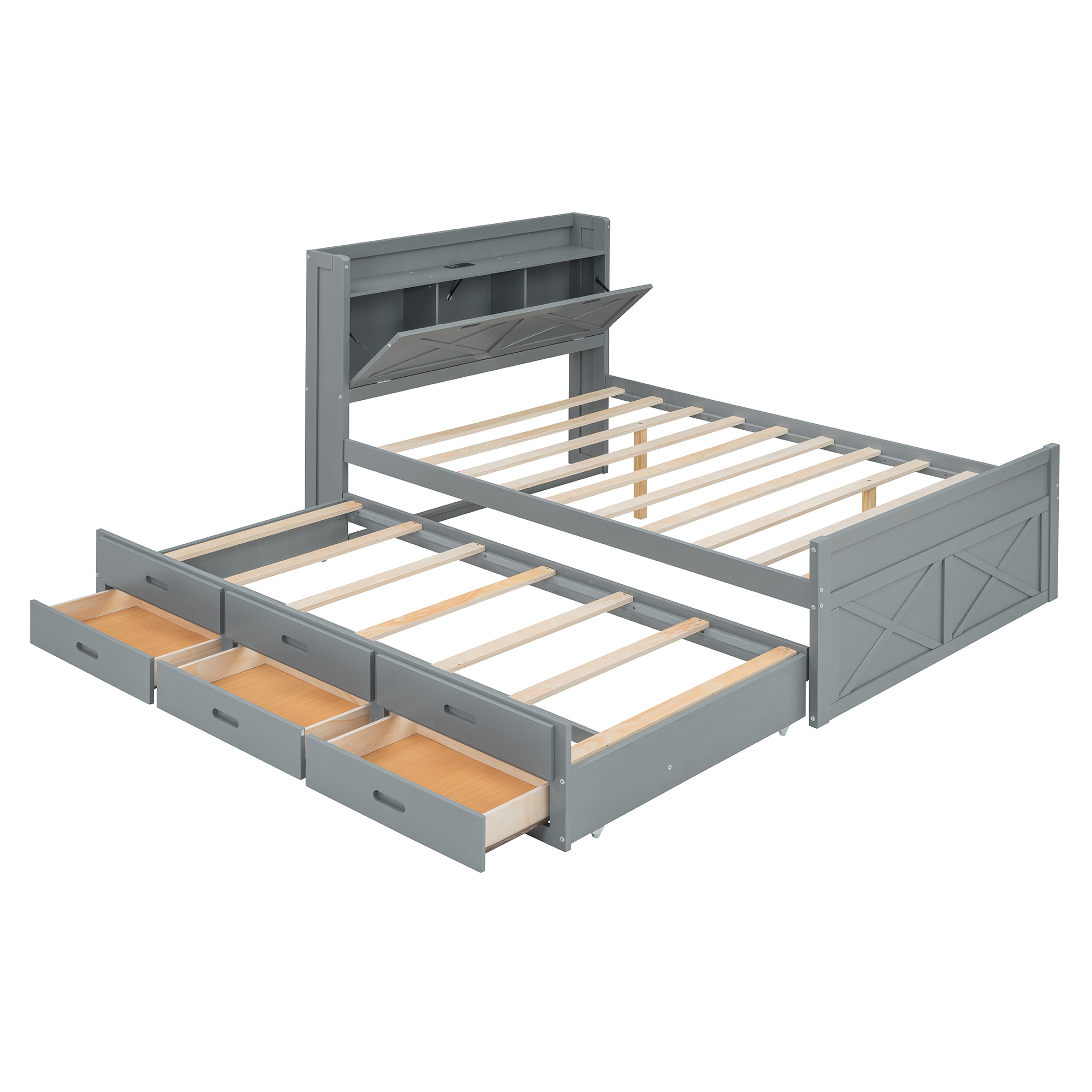 Full Size Wooden Bed with Storage Headboard with Outlets, Extendable Bed with Twin Size Trundle with Three Storage Drawers,Gray - Image 5