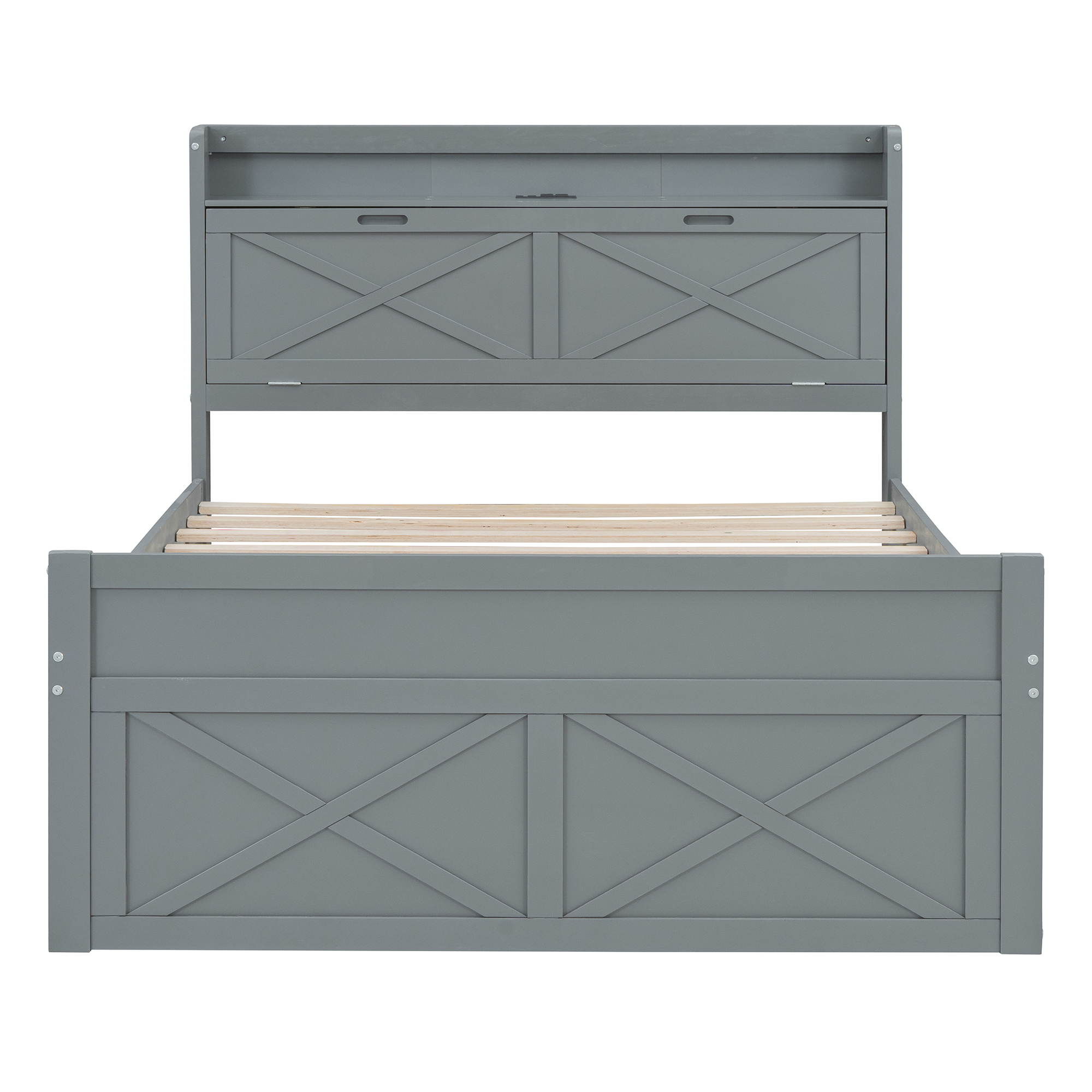 Full Size Wooden Bed with Storage Headboard with Outlets, Extendable Bed with Twin Size Trundle with Three Storage Drawers,Gray - Image 6