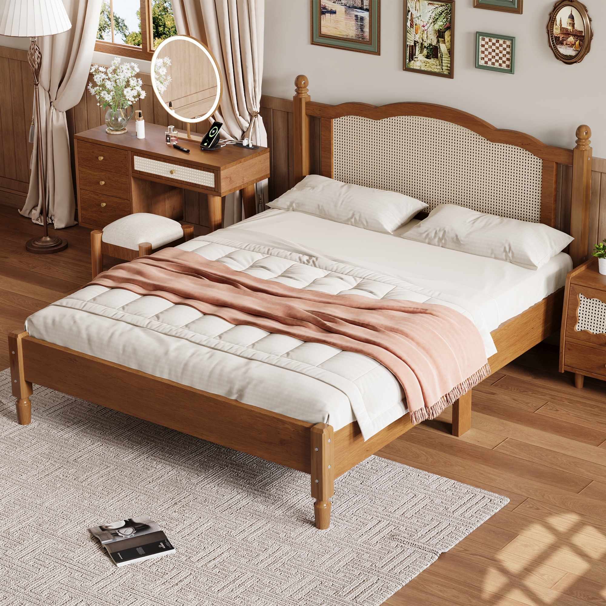 Queen Size Wooden Platform Bed with Natural Rattan Headboard, Vintage Bed Frame with Wooden Slat Support, Walnut - Image 2