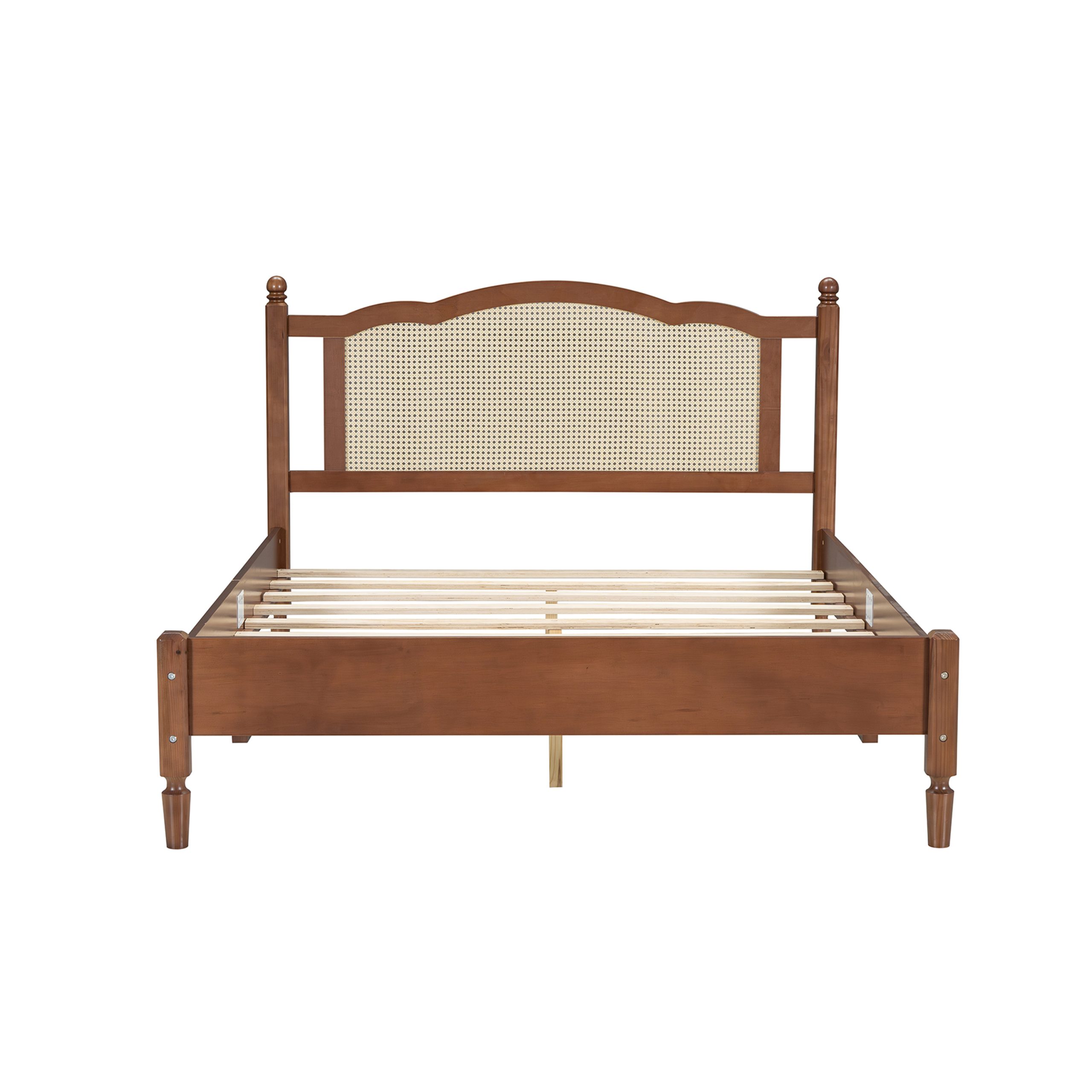 Queen Size Wooden Platform Bed with Natural Rattan Headboard, Vintage Bed Frame with Wooden Slat Support, Walnut - Image 3