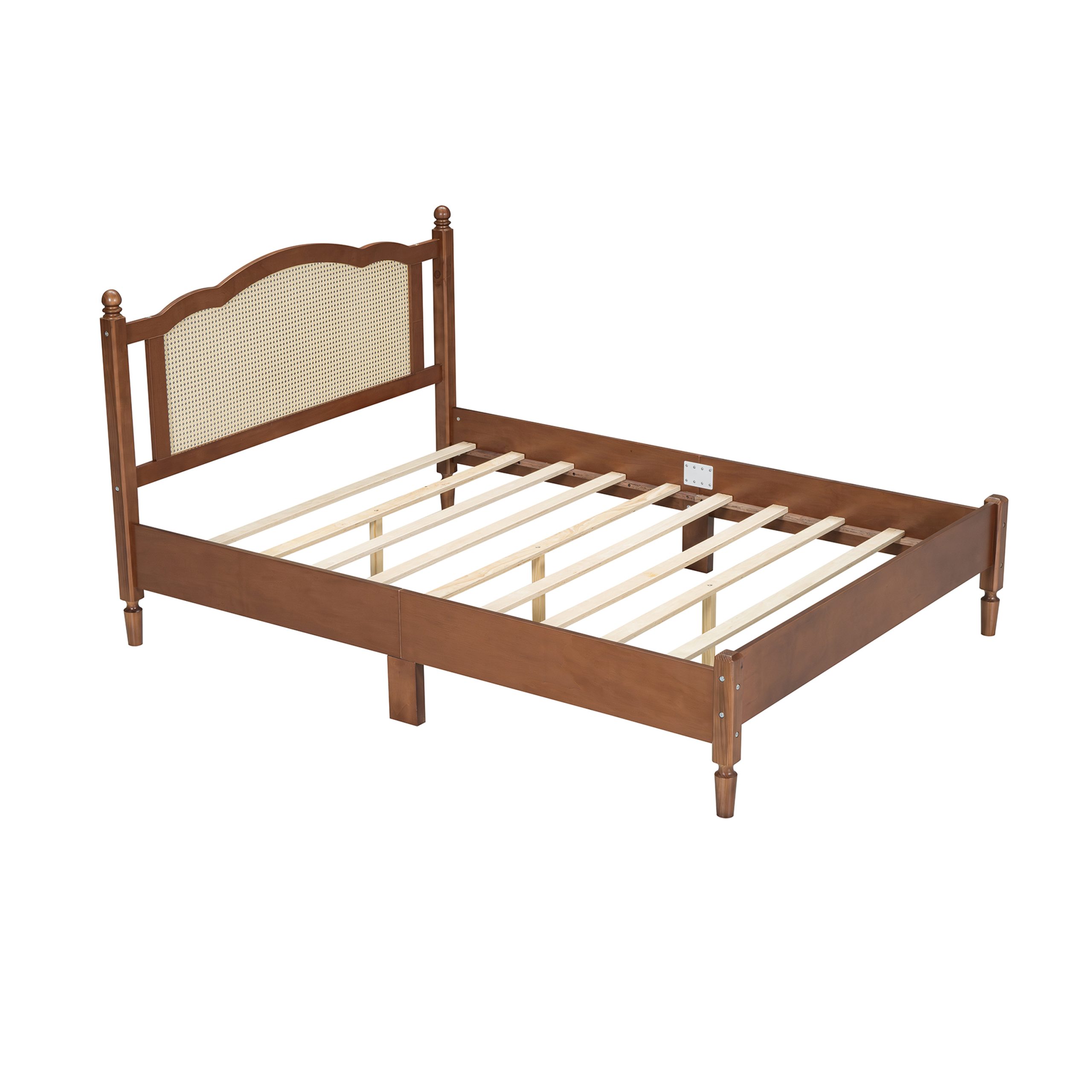 Queen Size Wooden Platform Bed with Natural Rattan Headboard, Vintage Bed Frame with Wooden Slat Support, Walnut - Image 4