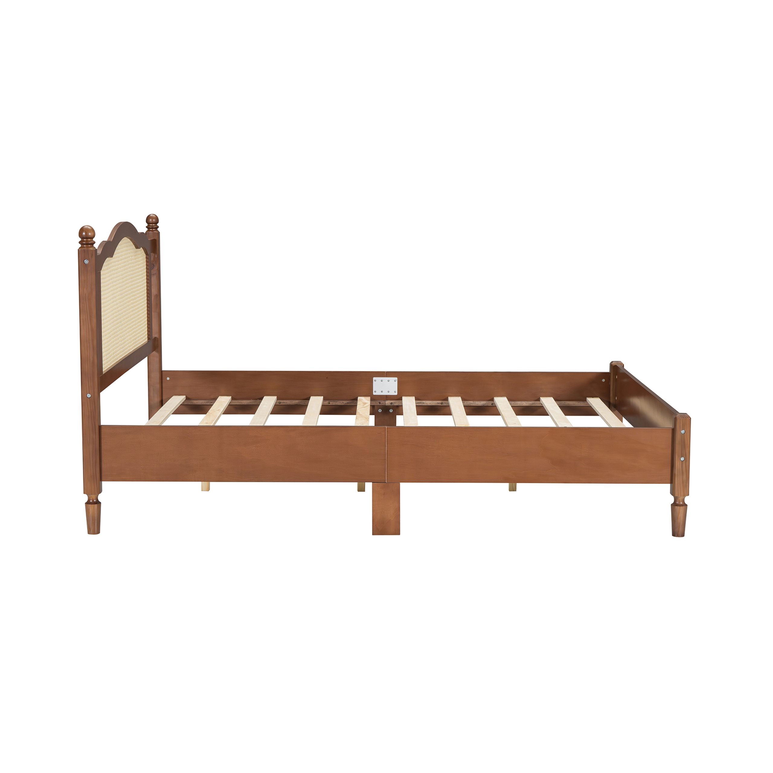 Queen Size Wooden Platform Bed with Natural Rattan Headboard, Vintage Bed Frame with Wooden Slat Support, Walnut - Image 5