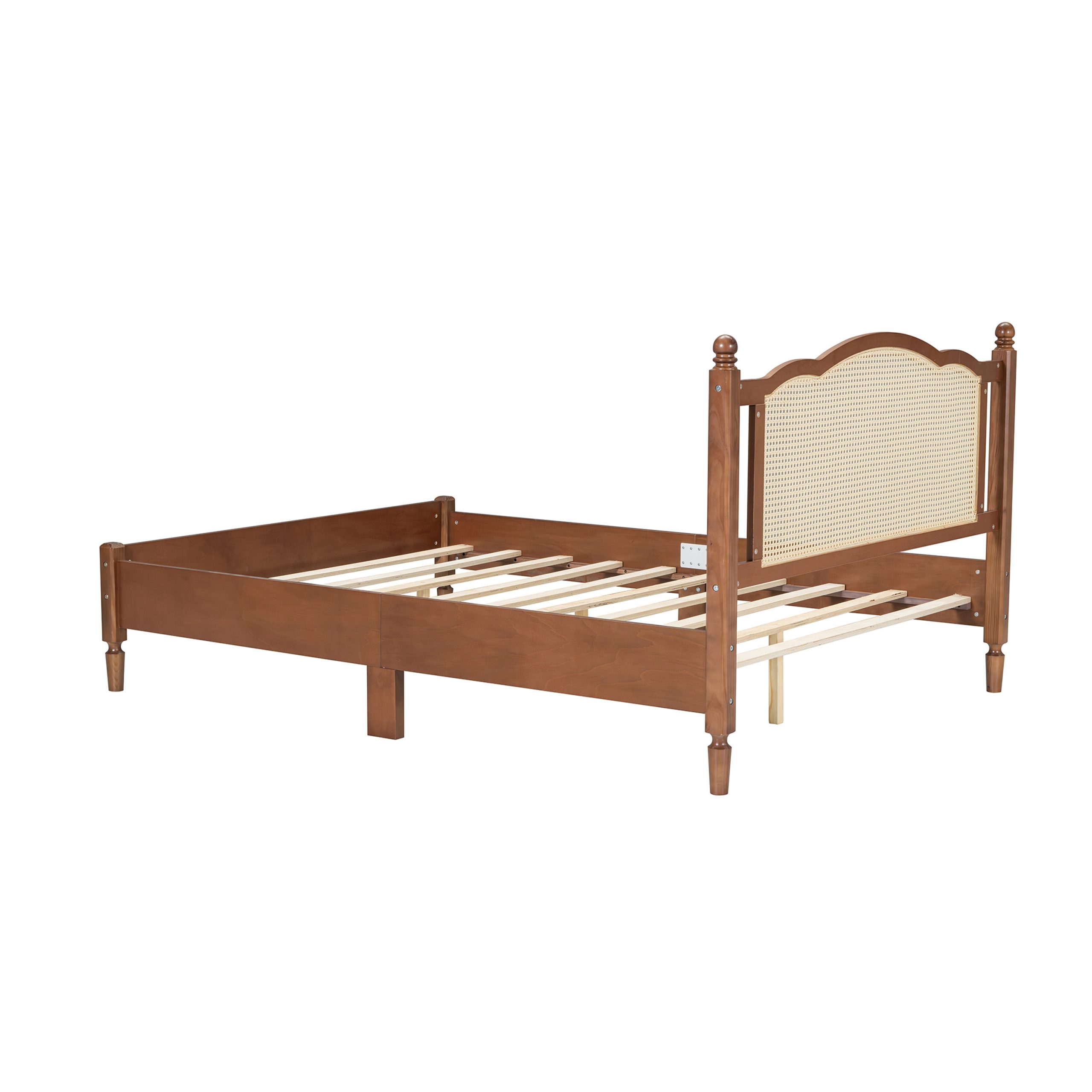 Queen Size Wooden Platform Bed with Natural Rattan Headboard, Vintage Bed Frame with Wooden Slat Support, Walnut - Image 6