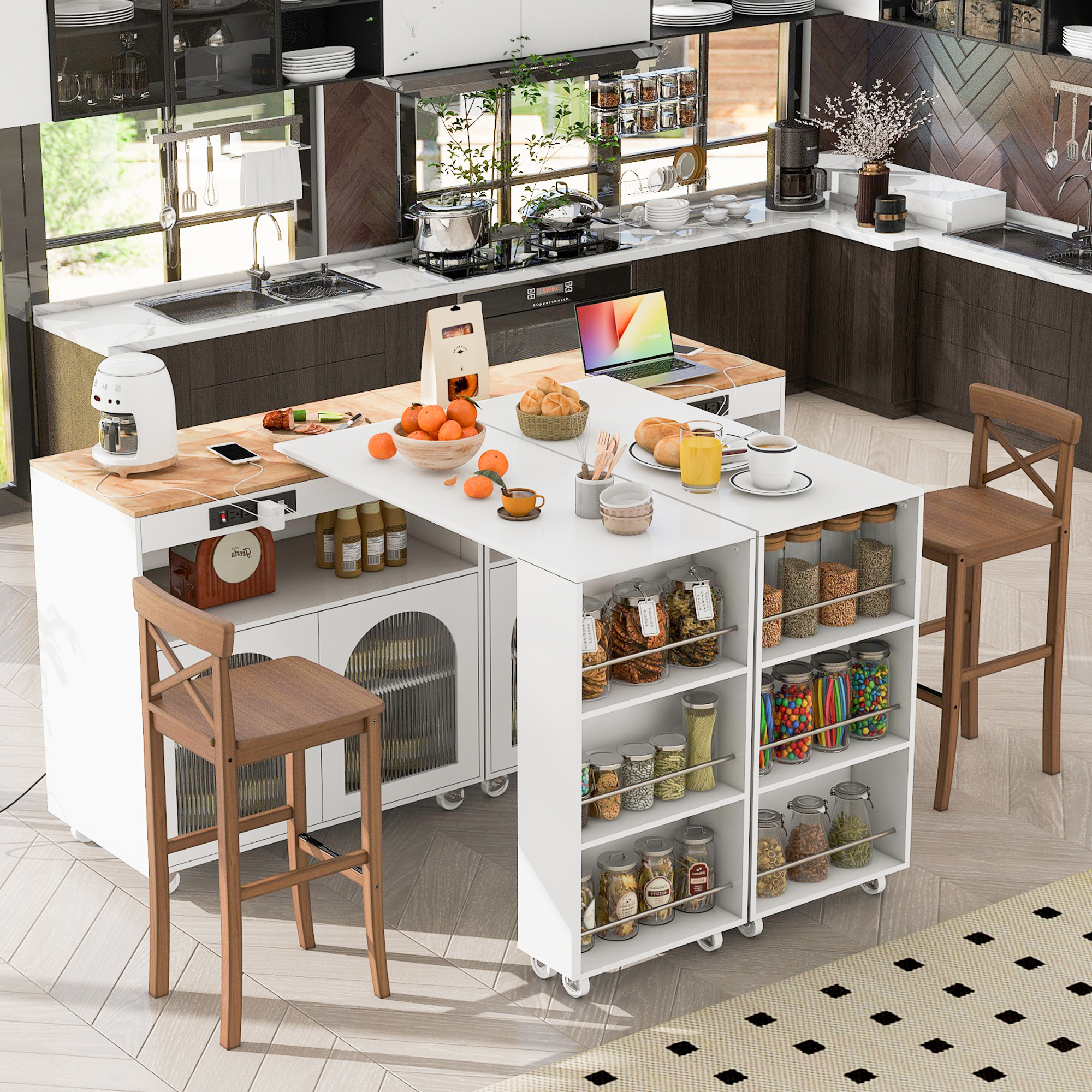K&K Rolling Kitchen Island With Extended Table, Kitchen island on Wheels with LED Lights,Power Outlets and 2 Fluted Glass Doors, Kitchen Island with a Storage Compartment and Side 3 Open Shelves,White - Image 4