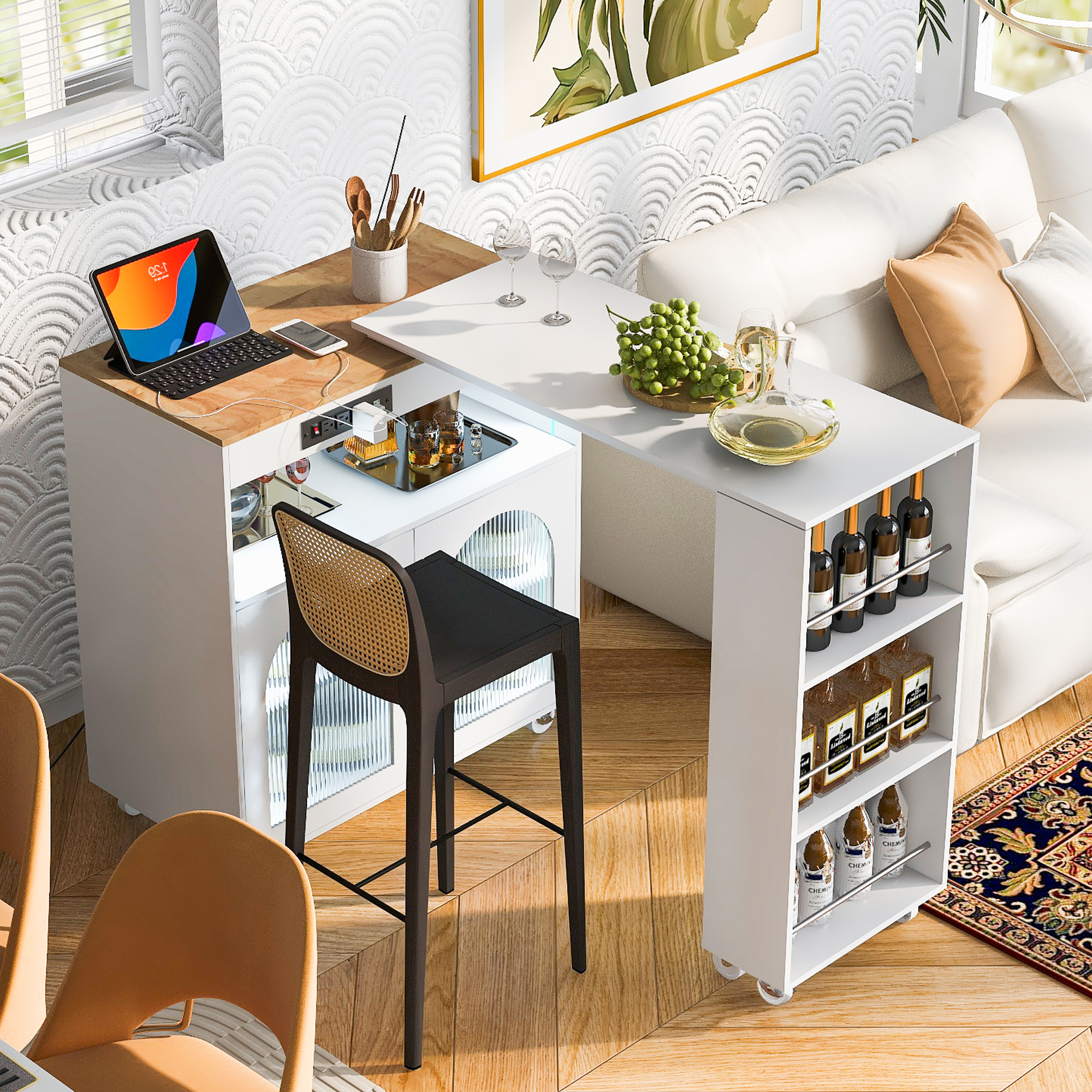 K&K Rolling Kitchen Island With Extended Table, Kitchen island on Wheels with LED Lights,Power Outlets and 2 Fluted Glass Doors, Kitchen Island with a Storage Compartment and Side 3 Open Shelves,White - Image 5