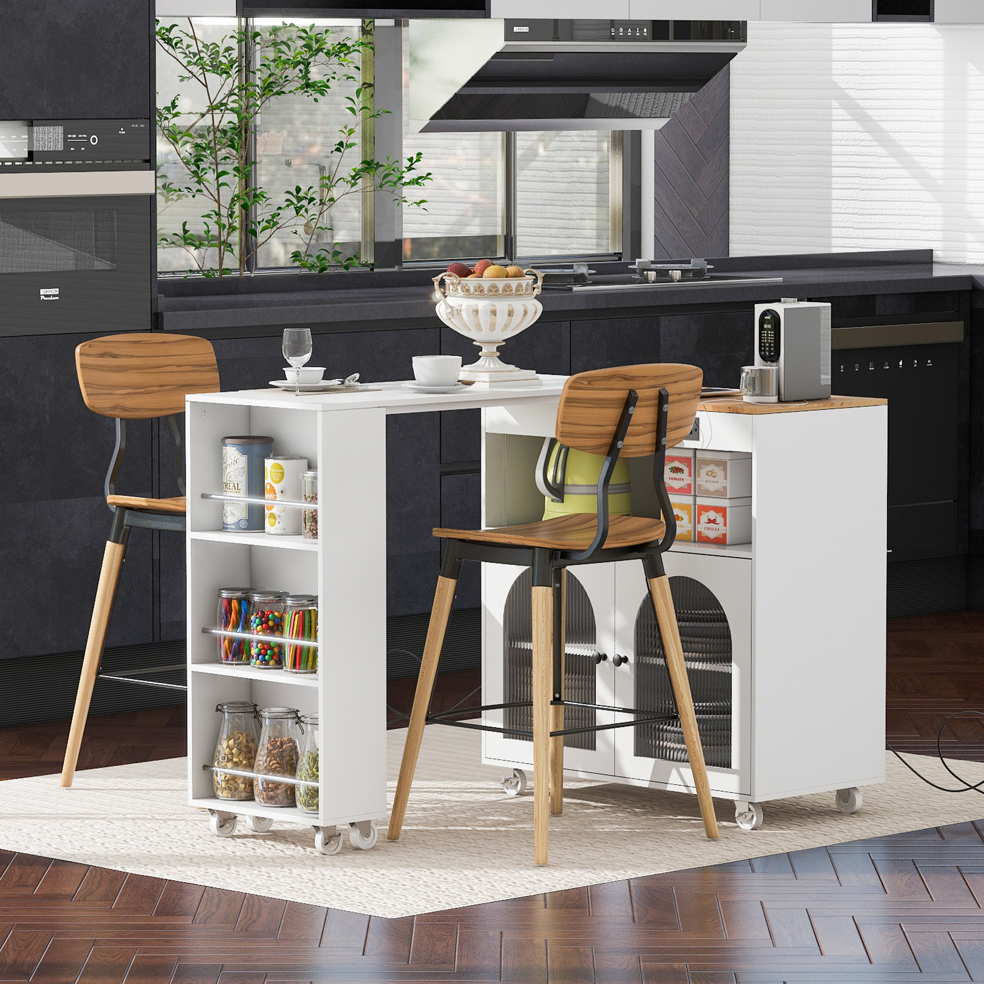 K&K Rolling Kitchen Island With Extended Table, Kitchen island on Wheels with LED Lights,Power Outlets and 2 Fluted Glass Doors, Kitchen Island with a Storage Compartment and Side 3 Open Shelves,White - Image 6