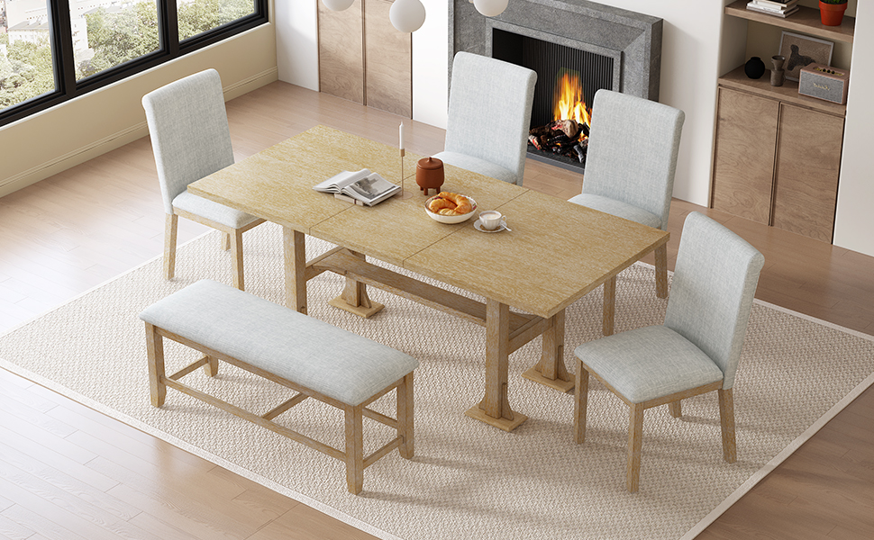 TOPMAX Farmhouse 76inch 6-Piece Extendable Dining Table Set Trestle Kitchen Table Set with 18inch Removable Leaf and Upholstered Dining Chair and Bench for Dining Room, Natural - Image 3