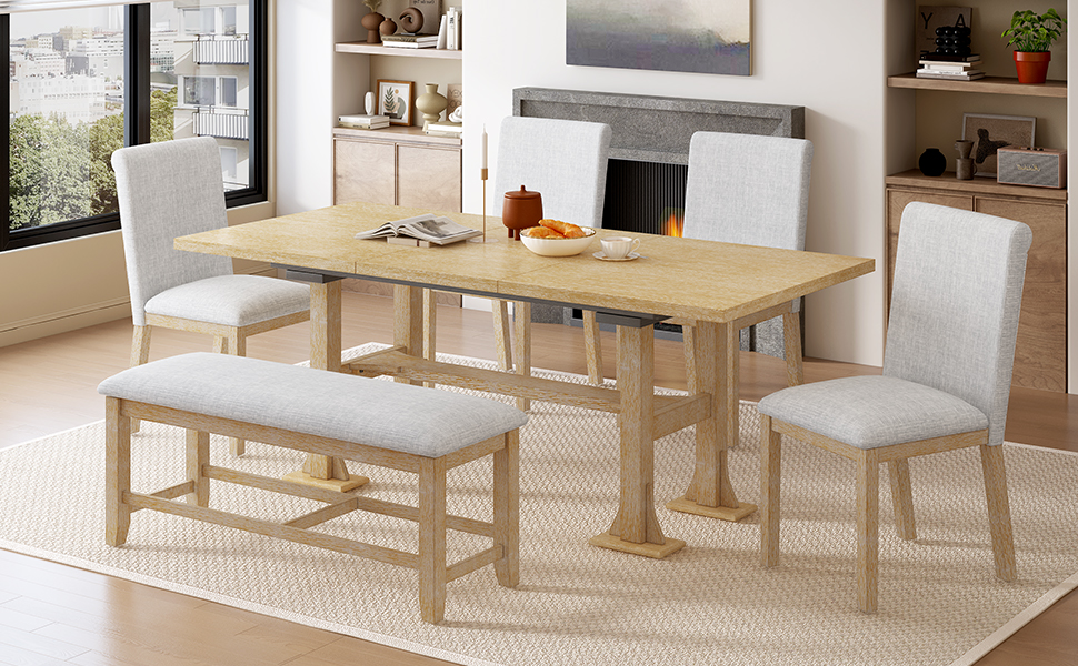 TOPMAX Farmhouse 76inch 6-Piece Extendable Dining Table Set Trestle Kitchen Table Set with 18inch Removable Leaf and Upholstered Dining Chair and Bench for Dining Room, Natural - Image 4