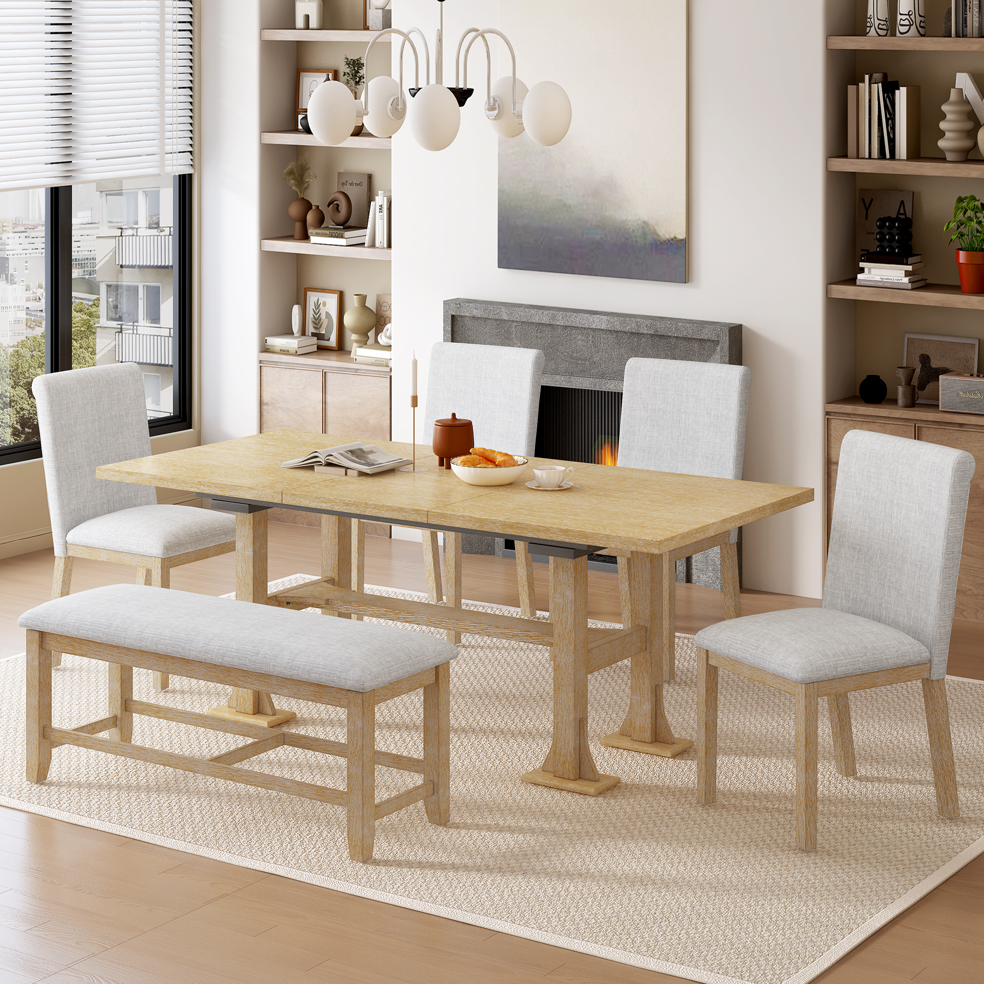 TOPMAX Farmhouse 76inch 6-Piece Extendable Dining Table Set Trestle Kitchen Table Set with 18inch Removable Leaf and Upholstered Dining Chair and Bench for Dining Room, Natural - Image 5