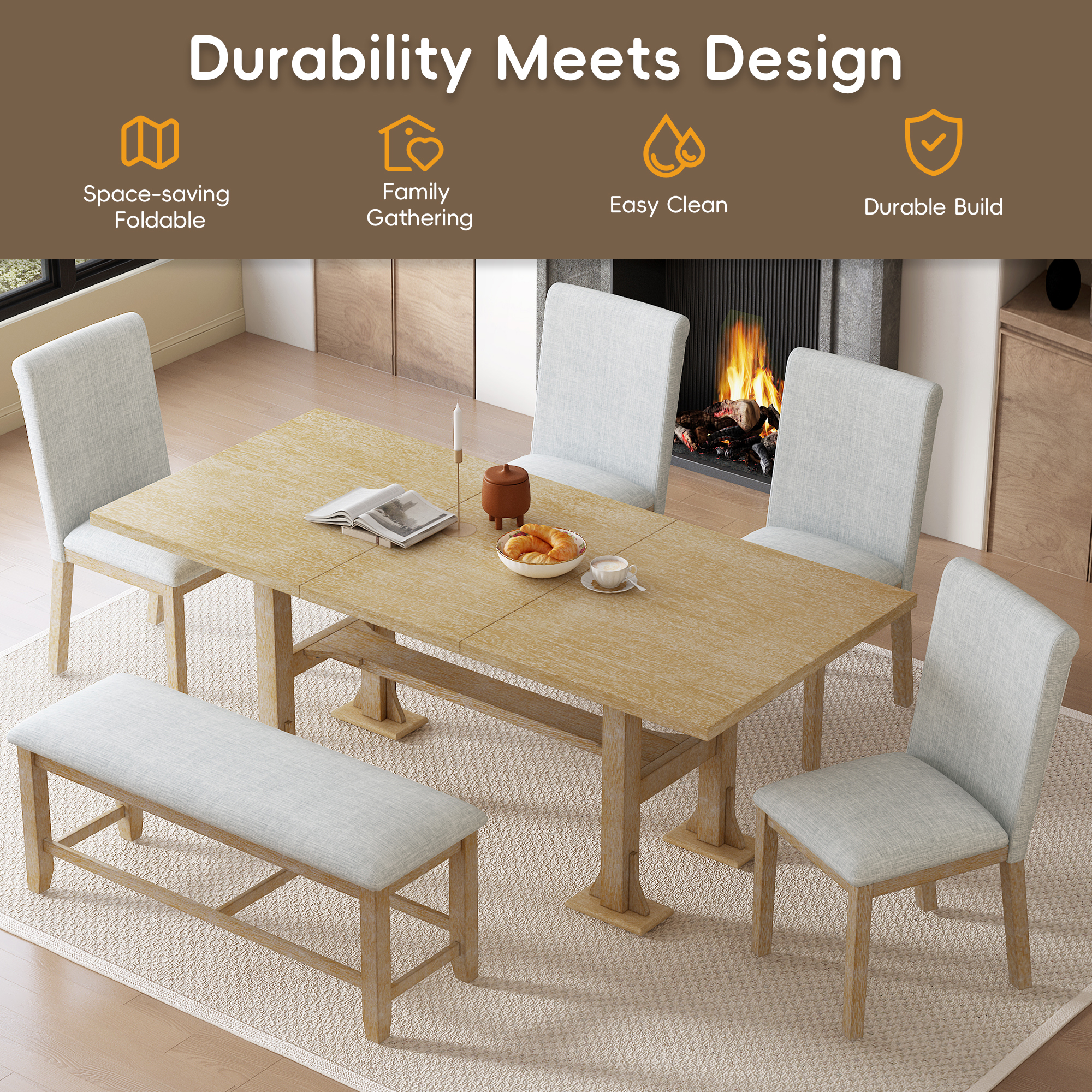 TOPMAX Farmhouse 76inch 6-Piece Extendable Dining Table Set Trestle Kitchen Table Set with 18inch Removable Leaf and Upholstered Dining Chair and Bench for Dining Room, Natural - Image 6