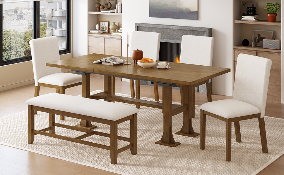 TOPMAX Farmhouse 76inch 6-Piece Extendable Dining Table Set Trestle Kitchen Table Set with 18inch Removable Leaf and Upholstered Dining Chair and Bench for Dining Room, Dark Brown - Image 3