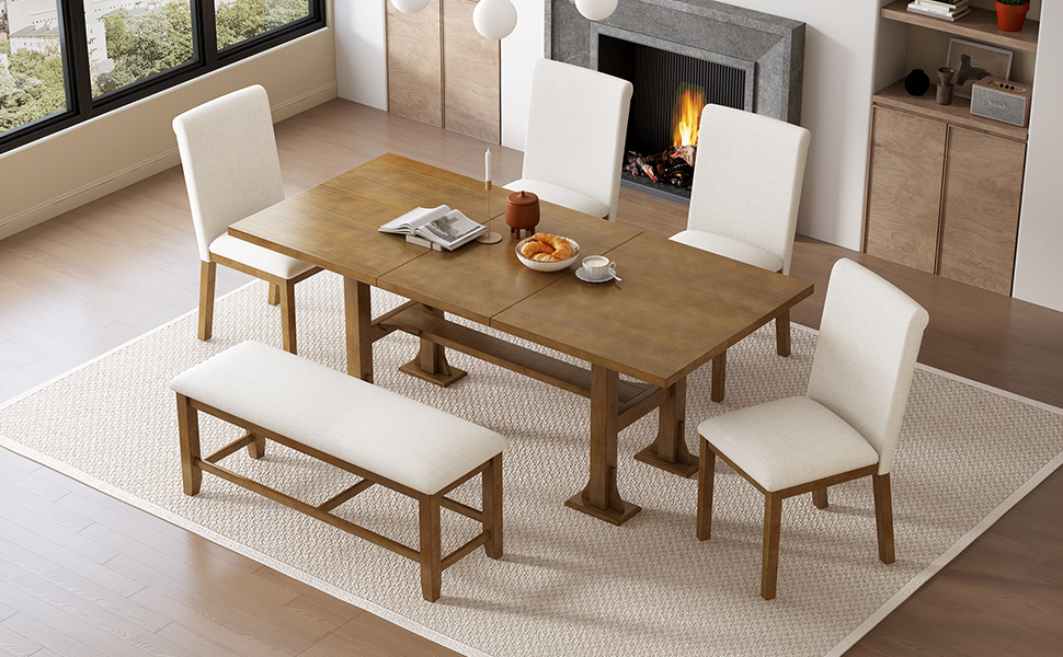 TOPMAX Farmhouse 76inch 6-Piece Extendable Dining Table Set Trestle Kitchen Table Set with 18inch Removable Leaf and Upholstered Dining Chair and Bench for Dining Room, Dark Brown - Image 4