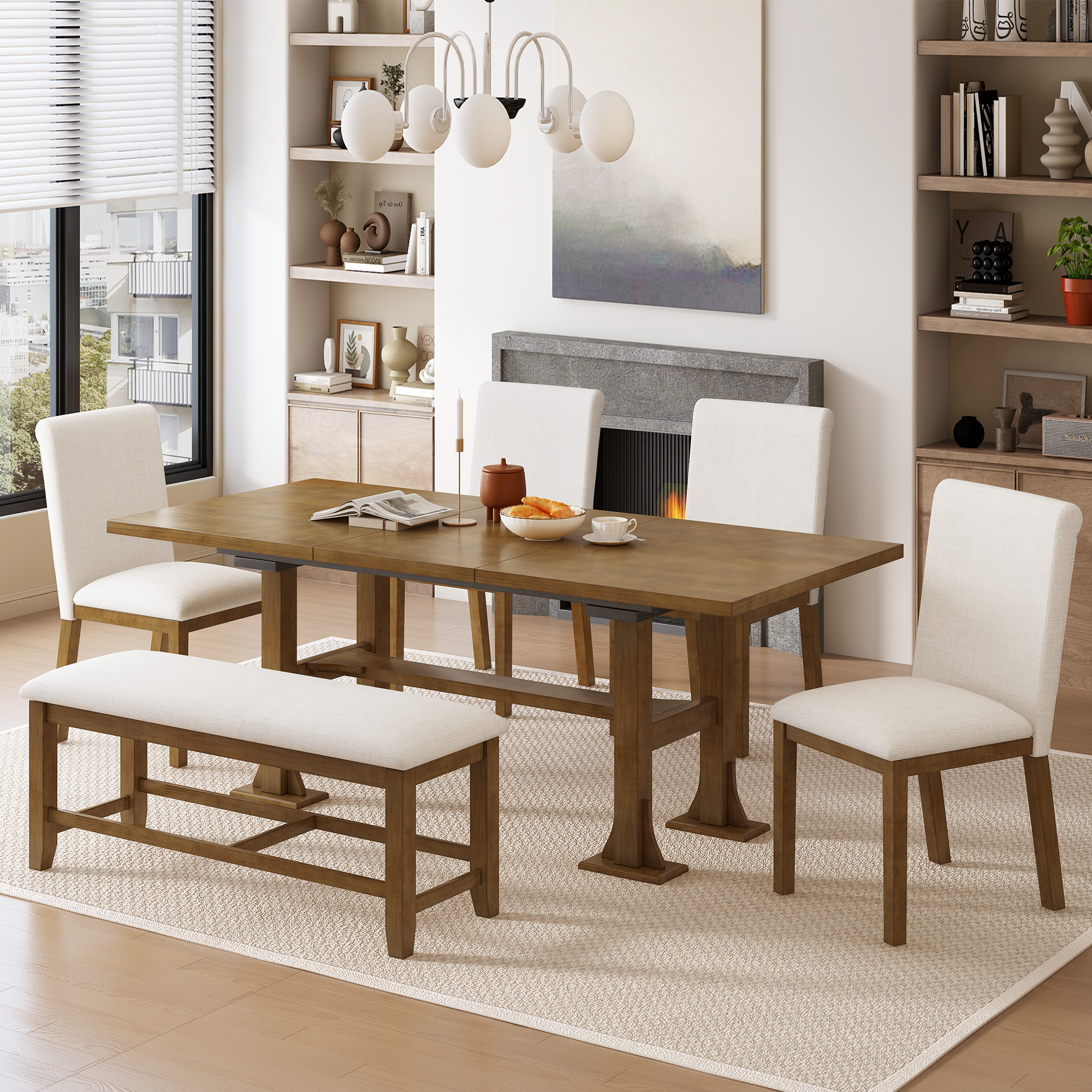 TOPMAX Farmhouse 76inch 6-Piece Extendable Dining Table Set Trestle Kitchen Table Set with 18inch Removable Leaf and Upholstered Dining Chair and Bench for Dining Room, Dark Brown - Image 5