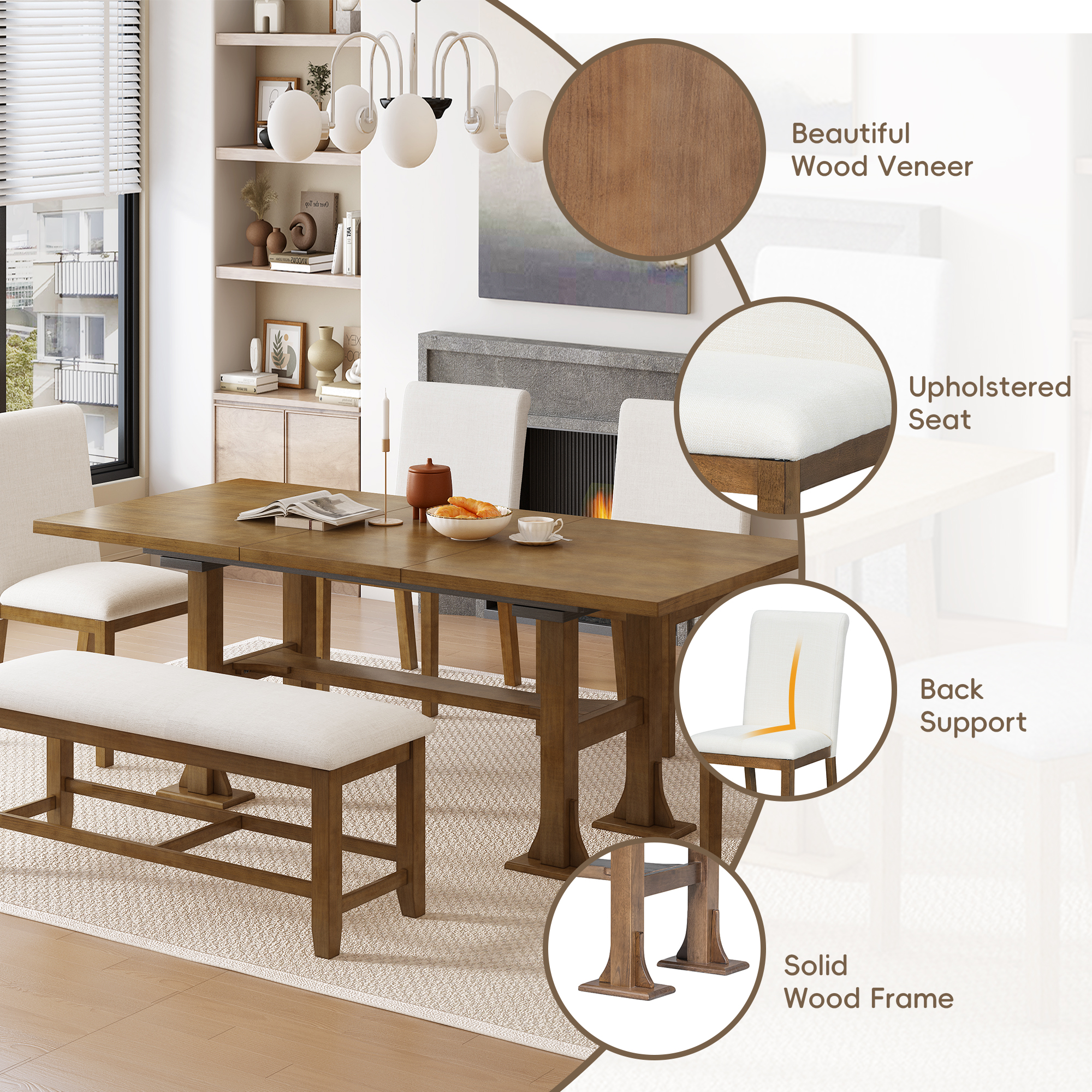 TOPMAX Farmhouse 76inch 6-Piece Extendable Dining Table Set Trestle Kitchen Table Set with 18inch Removable Leaf and Upholstered Dining Chair and Bench for Dining Room, Dark Brown - Image 6