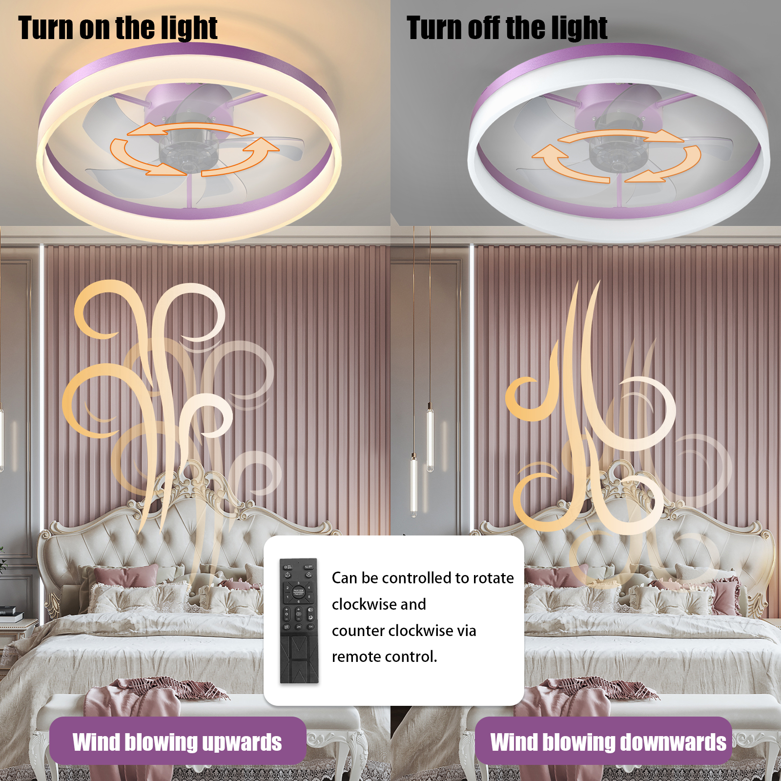 Ceiling Fans with Lights Dimmable LED Embedded installation of thin modern ceiling fans(Purple) - Image 5