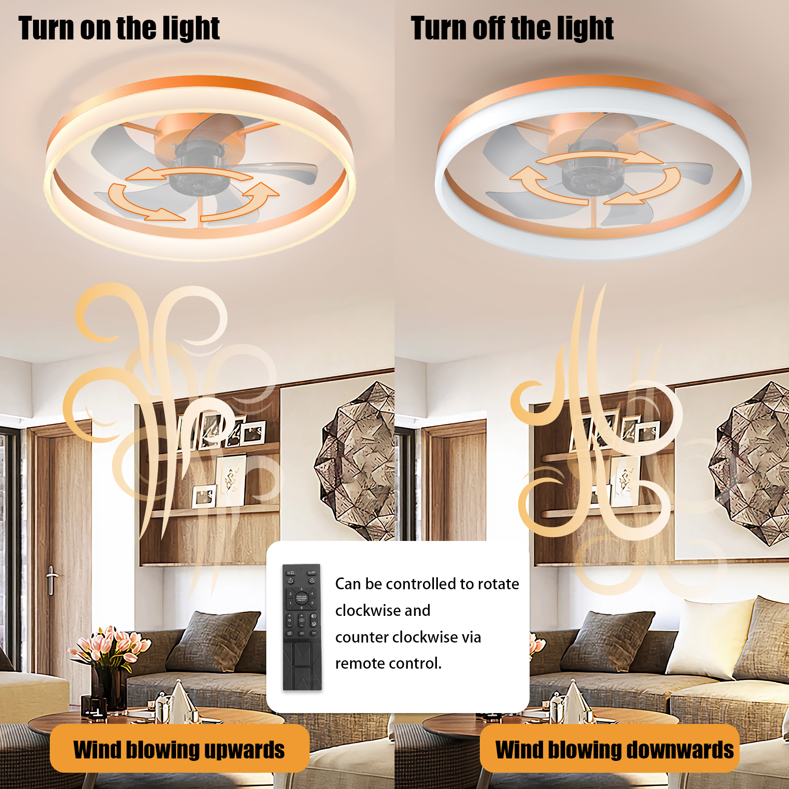 Ceiling Fans with Lights Dimmable LED Embedded installation of thin modern ceiling fans(Orange) - Image 5
