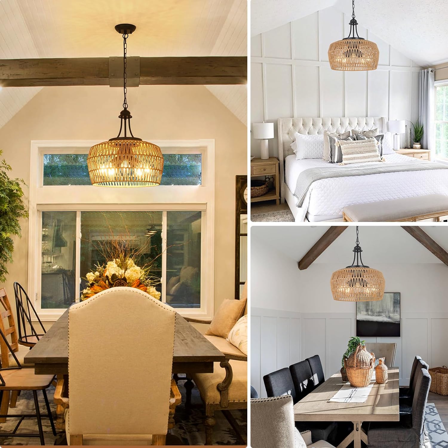 Large Farmhouse Chandeliers for Dining Room, 5-Light Rattan Boho Chandelier Light Fixture with Wicker Lampshade, Coastal Hanging Pendant Lighting for Kitchen Island Bedroom Living Room Nursery - Image 2