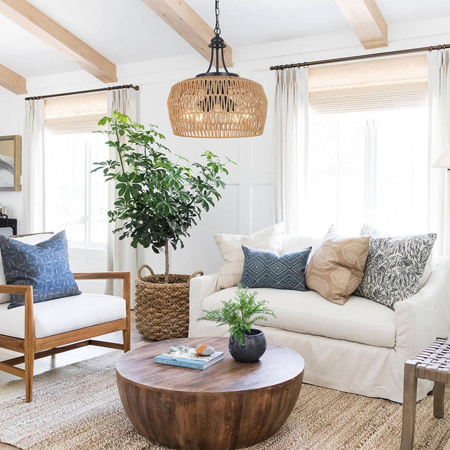 Large Farmhouse Chandeliers for Dining Room, 5-Light Rattan Boho Chandelier Light Fixture with Wicker Lampshade, Coastal Hanging Pendant Lighting for Kitchen Island Bedroom Living Room Nursery - Image 3