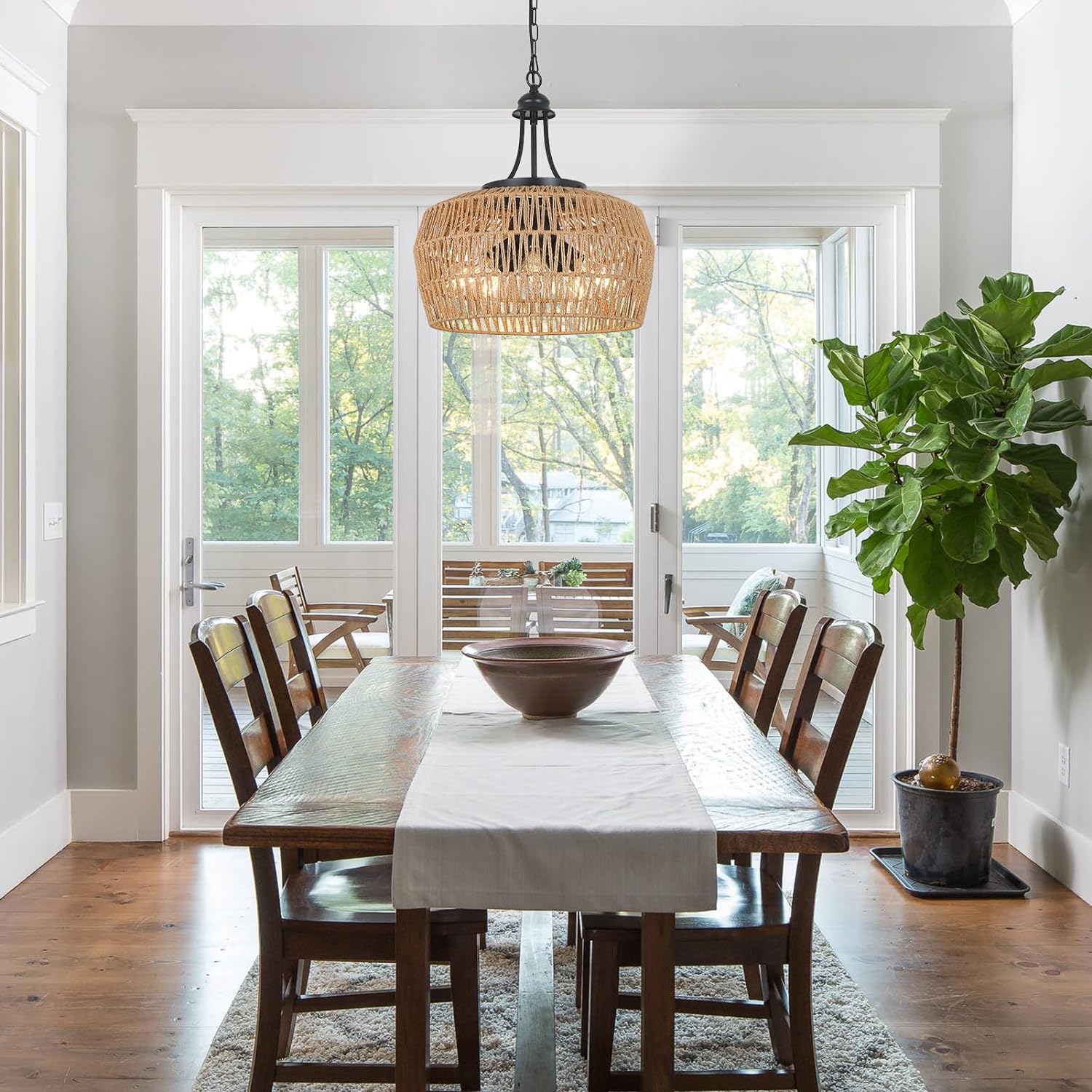 Large Farmhouse Chandeliers for Dining Room, 5-Light Rattan Boho Chandelier Light Fixture with Wicker Lampshade, Coastal Hanging Pendant Lighting for Kitchen Island Bedroom Living Room Nursery - Image 4