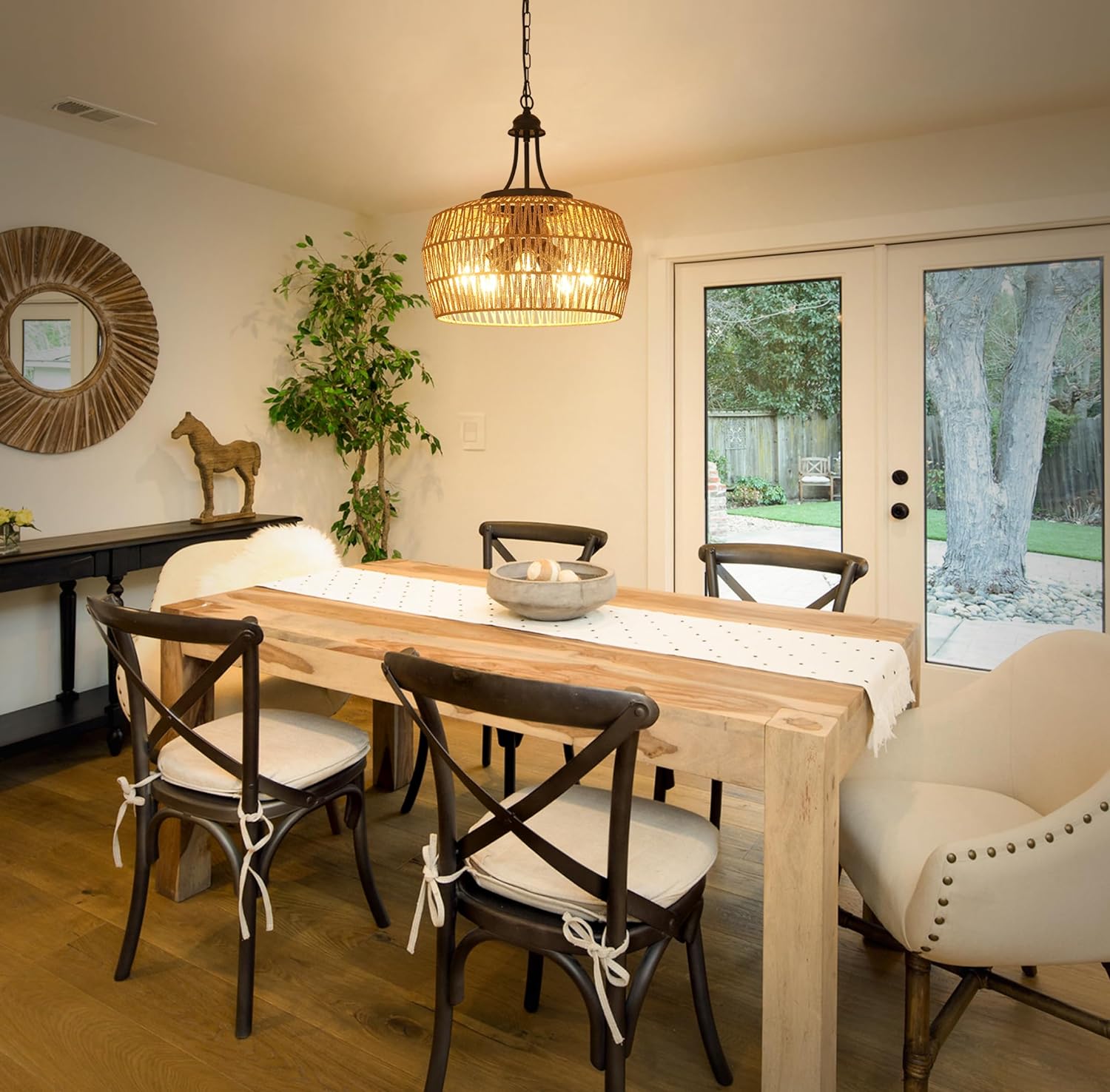 Large Farmhouse Chandeliers for Dining Room, 5-Light Rattan Boho Chandelier Light Fixture with Wicker Lampshade, Coastal Hanging Pendant Lighting for Kitchen Island Bedroom Living Room Nursery - Image 5