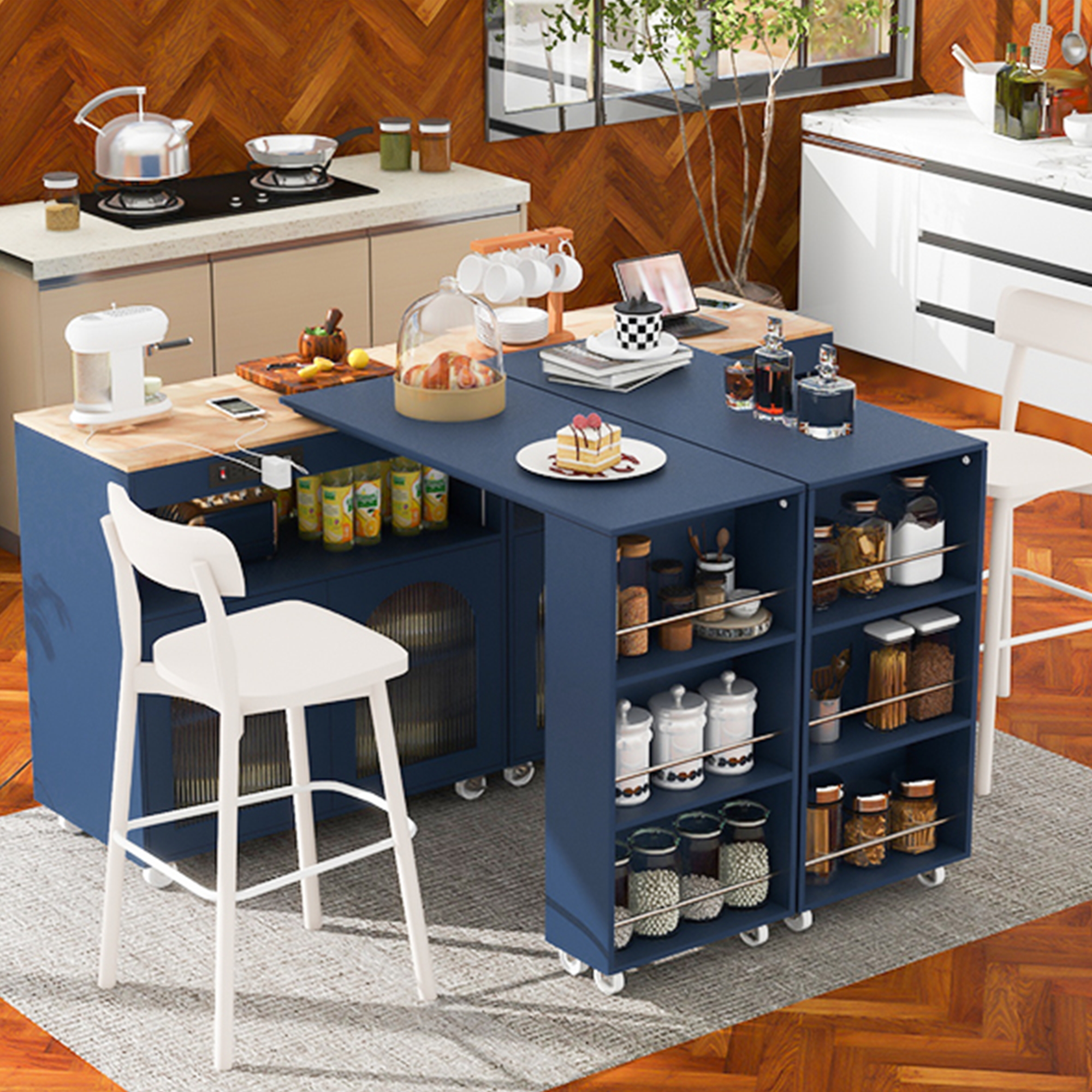 K&K Rolling Kitchen Island With Extended Table, Kitchen Island on Wheels with LED Lights,Power Outlets and 2 Fluted Glass Doors, Kitchen Island with a Storage Compartment and Side 3 Open Shelves, Navy - Image 5