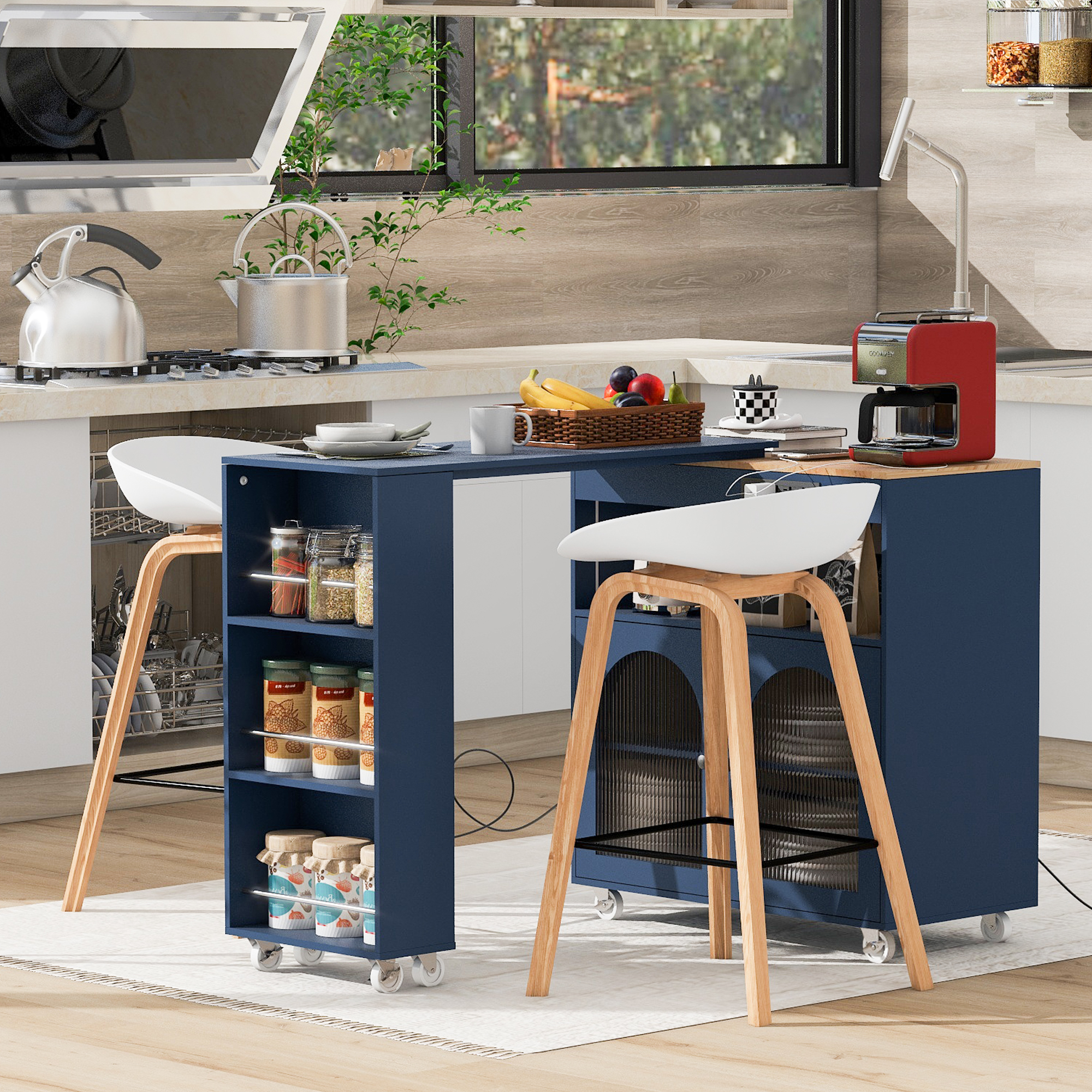 K&K Rolling Kitchen Island With Extended Table, Kitchen Island on Wheels with LED Lights,Power Outlets and 2 Fluted Glass Doors, Kitchen Island with a Storage Compartment and Side 3 Open Shelves, Navy - Image 6