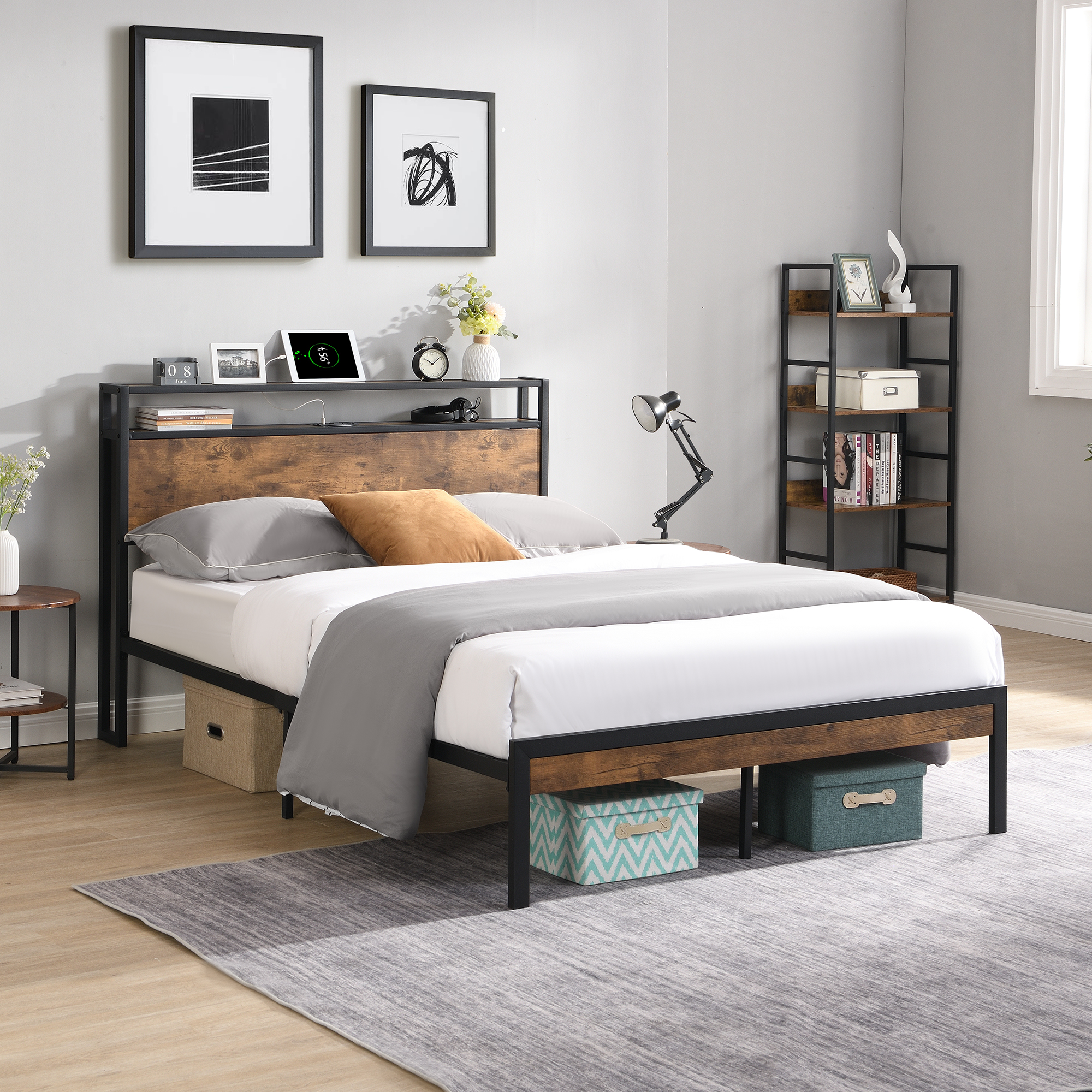 King Size Metal Platform Bed Frame with Wooden Headboard and Footboard with USB LINER, No Box Spring Needed, Large Under Bed Storage, Easy Assemble - Image 3