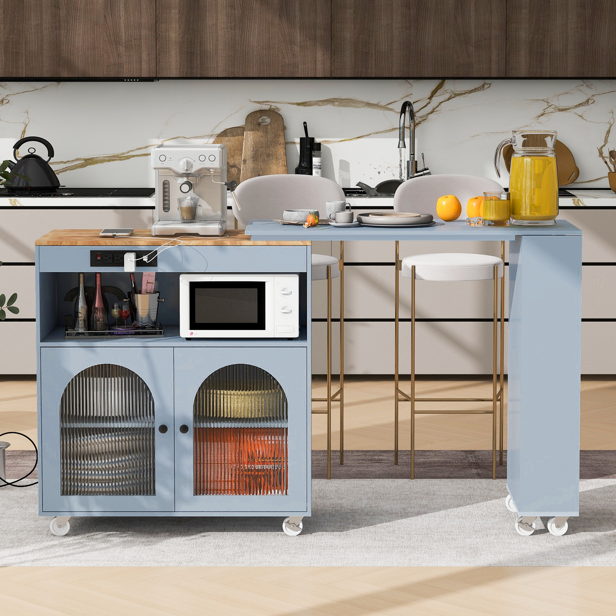K&K Rolling Kitchen Island With Extended Table, Kitchen Island on Wheels with LED Lights,Power Outlets and 2 Fluted Glass Doors, Kitchen Island with a Storage Compartment and Side 3 Open Shelves, Grey