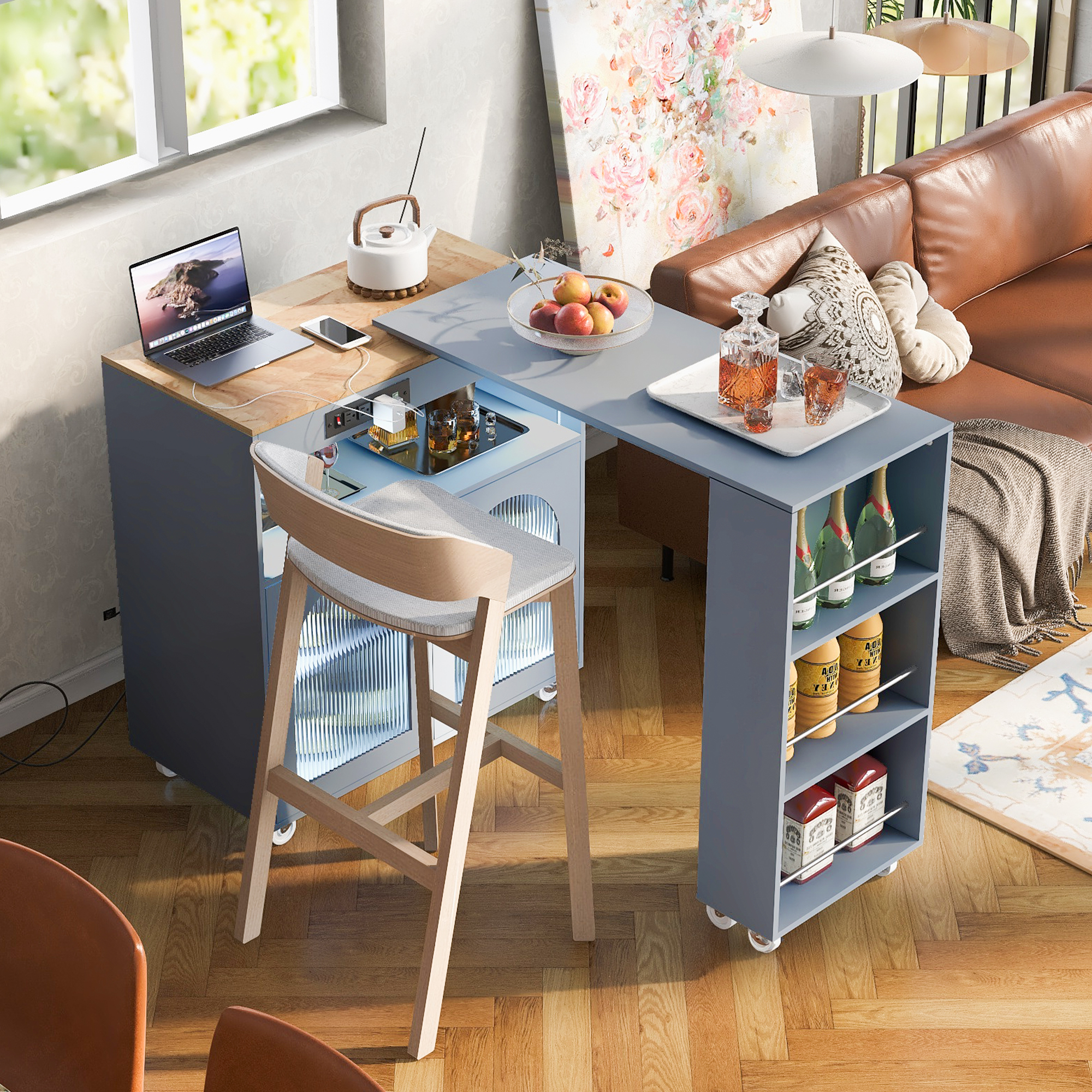 K&K Rolling Kitchen Island With Extended Table, Kitchen Island on Wheels with LED Lights,Power Outlets and 2 Fluted Glass Doors, Kitchen Island with a Storage Compartment and Side 3 Open Shelves, Grey - Image 5