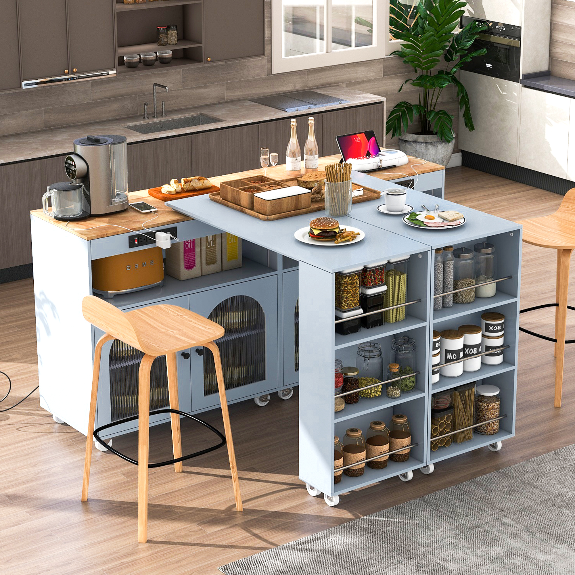 K&K Rolling Kitchen Island With Extended Table, Kitchen Island on Wheels with LED Lights,Power Outlets and 2 Fluted Glass Doors, Kitchen Island with a Storage Compartment and Side 3 Open Shelves, Grey - Image 6