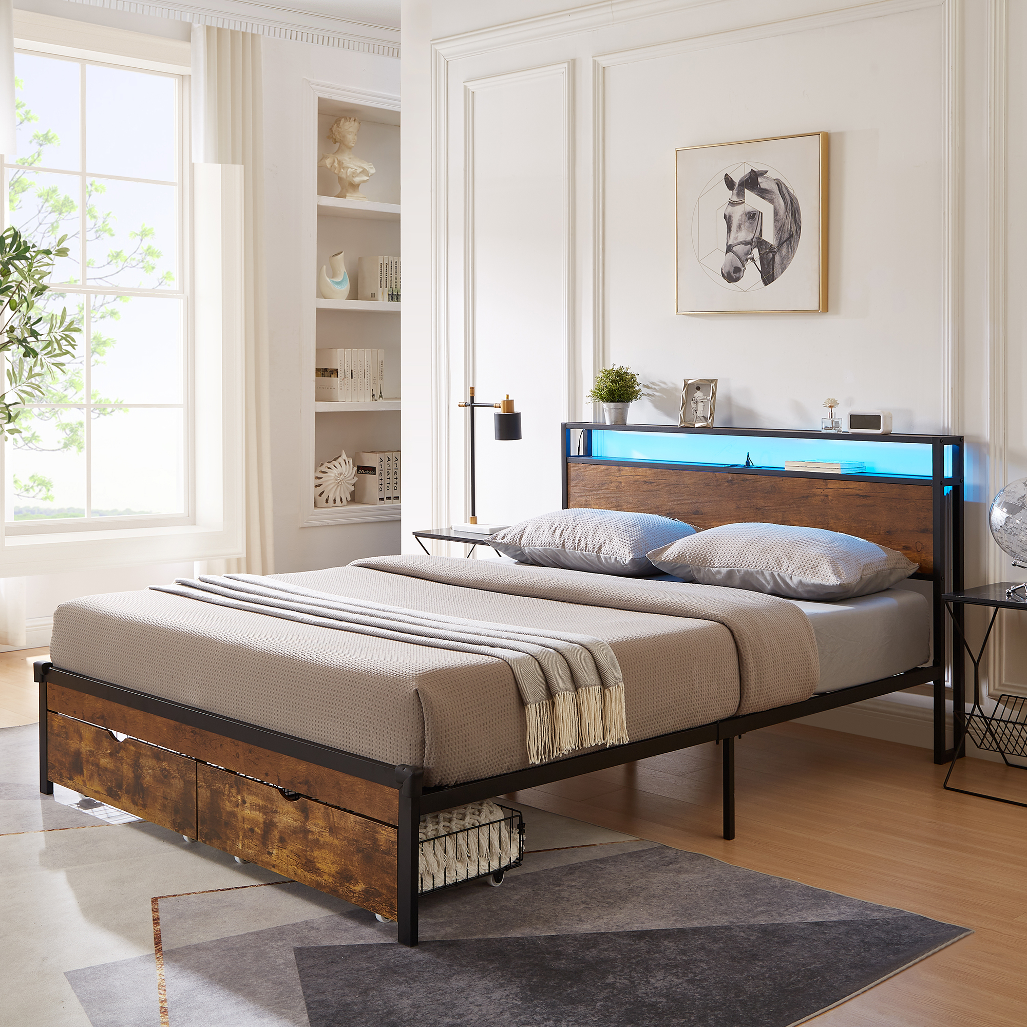 Full Size Metal Platform Bed Frame with Wooden Headboard and Footboard with USB,Charging Station,2 Drawers,LED Lights, No Box Spring Needed, Easy Assemble - Image 2