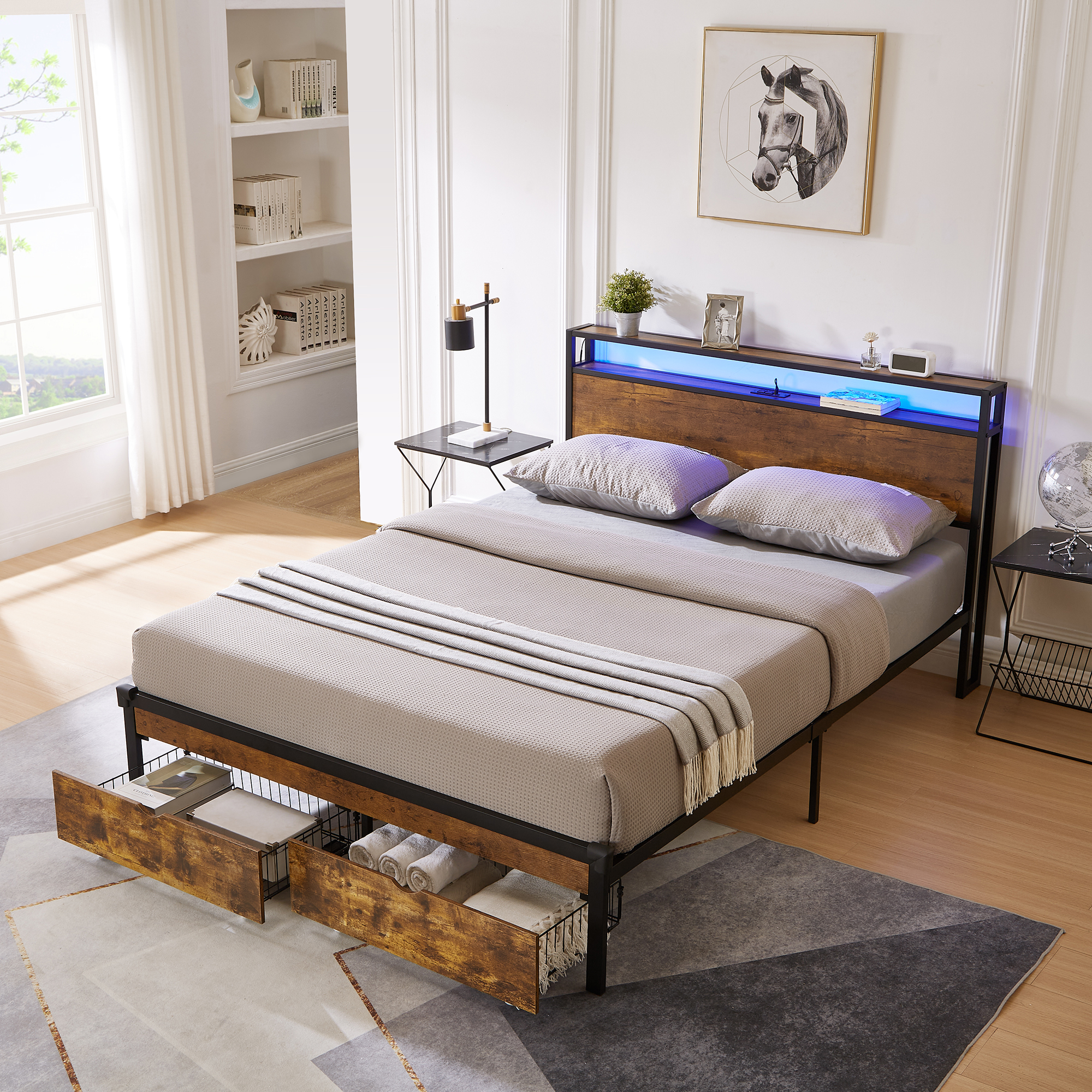 Full Size Metal Platform Bed Frame with Wooden Headboard and Footboard with USB,Charging Station,2 Drawers,LED Lights, No Box Spring Needed, Easy Assemble - Image 3