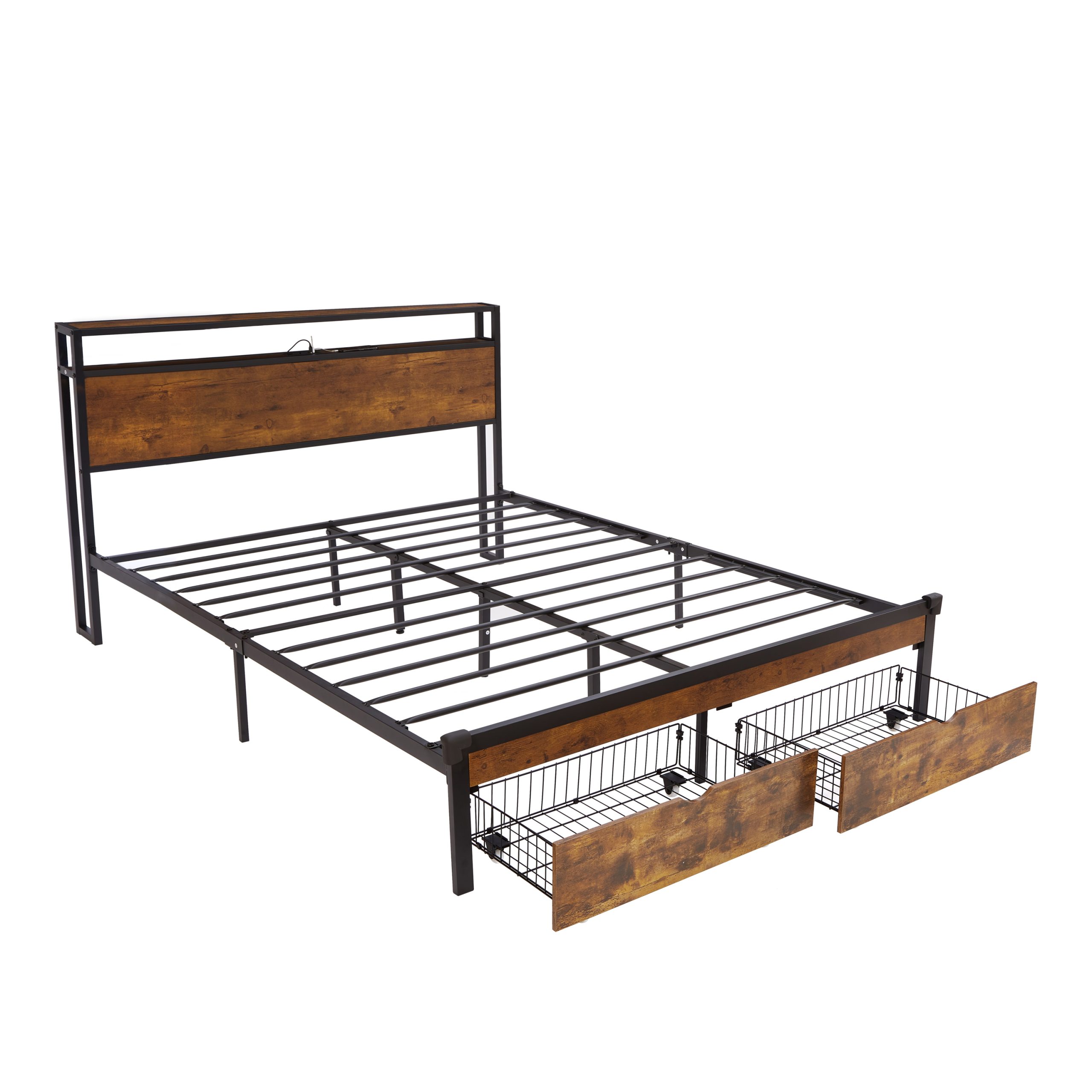 Full Size Metal Platform Bed Frame with Wooden Headboard and Footboard with USB,Charging Station,2 Drawers,LED Lights, No Box Spring Needed, Easy Assemble - Image 4