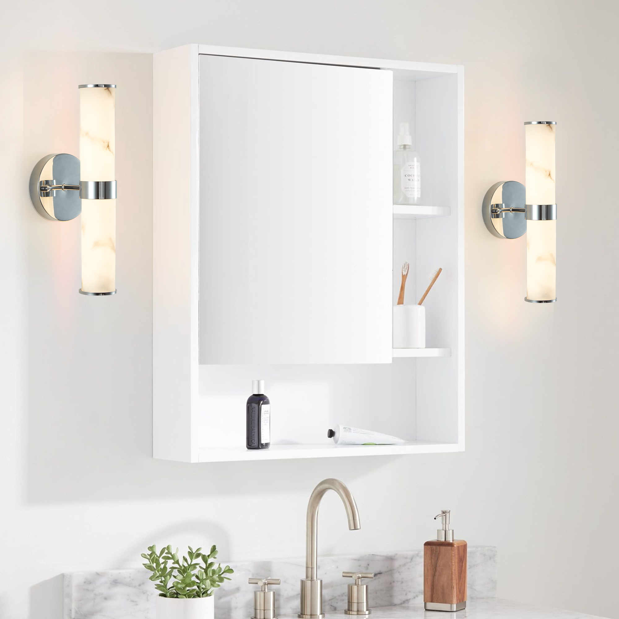 Resin Imitation Marble and Chrome Wall Sconce, Set of 2,Modern Vertical Light Fixture for Bathrooms, Hallways, and Bedrooms (Only Indoor) - Image 3