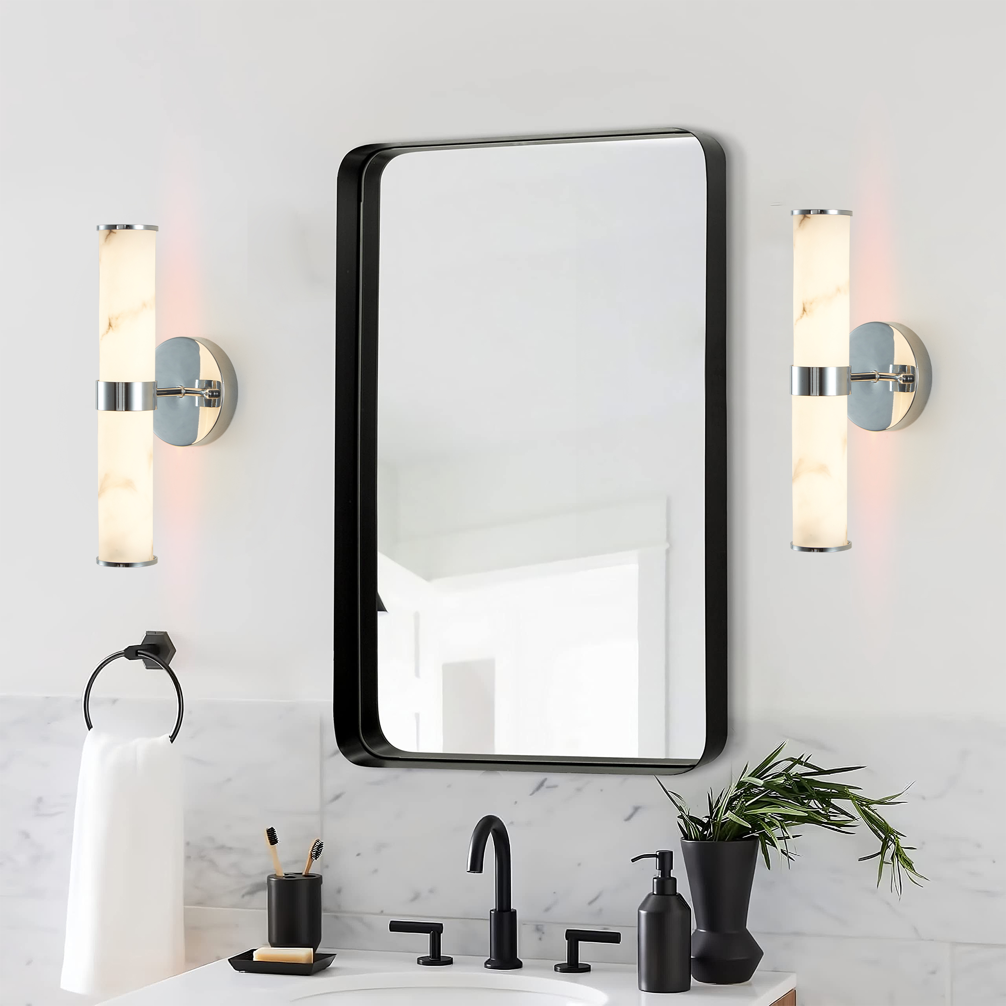 Resin Imitation Marble and Chrome Wall Sconce, Set of 2,Modern Vertical Light Fixture for Bathrooms, Hallways, and Bedrooms (Only Indoor) - Image 4