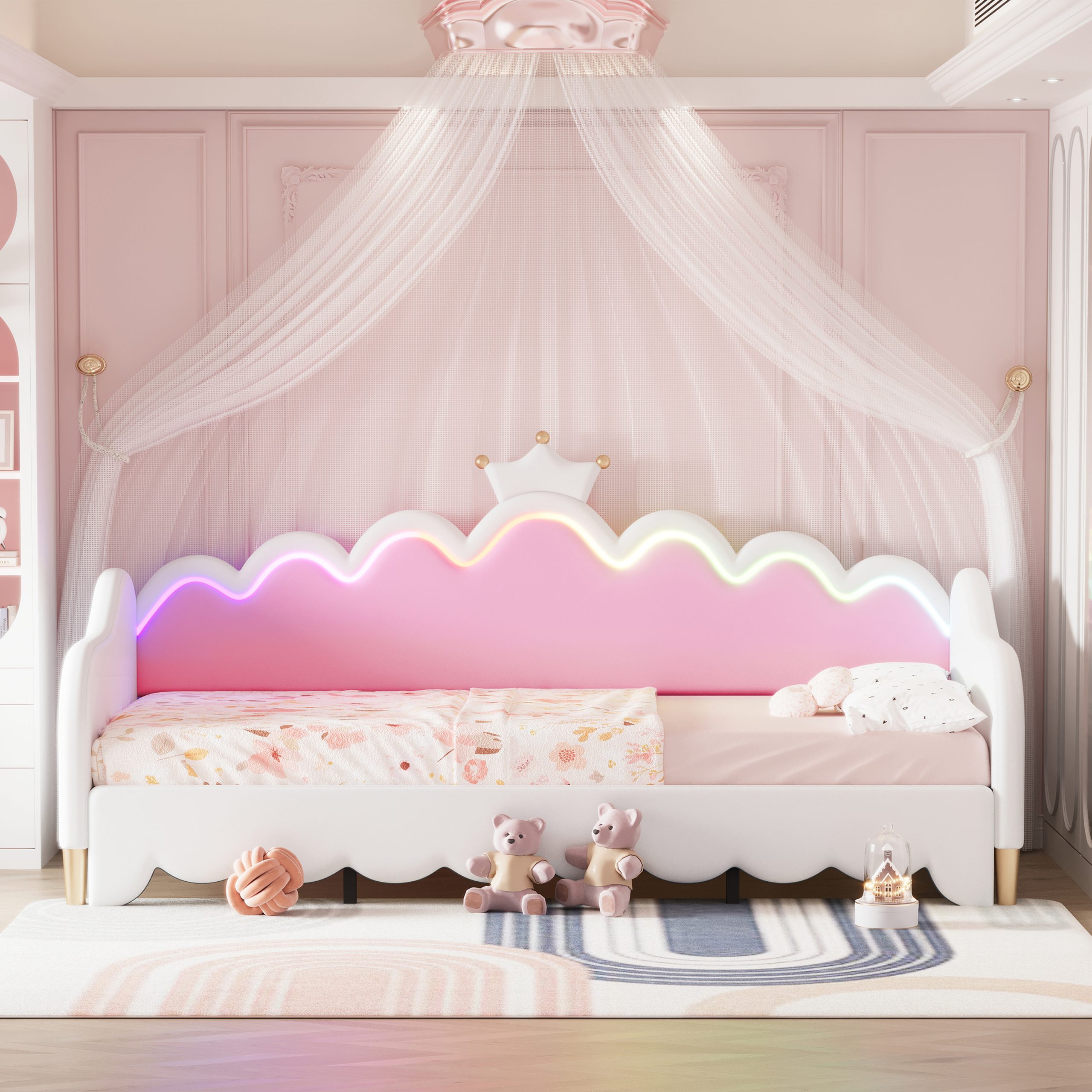 Twin Extending Daybed with LED Lights, Modern Upholstered Princess Daybed With Crown Headboard,White - Image 3