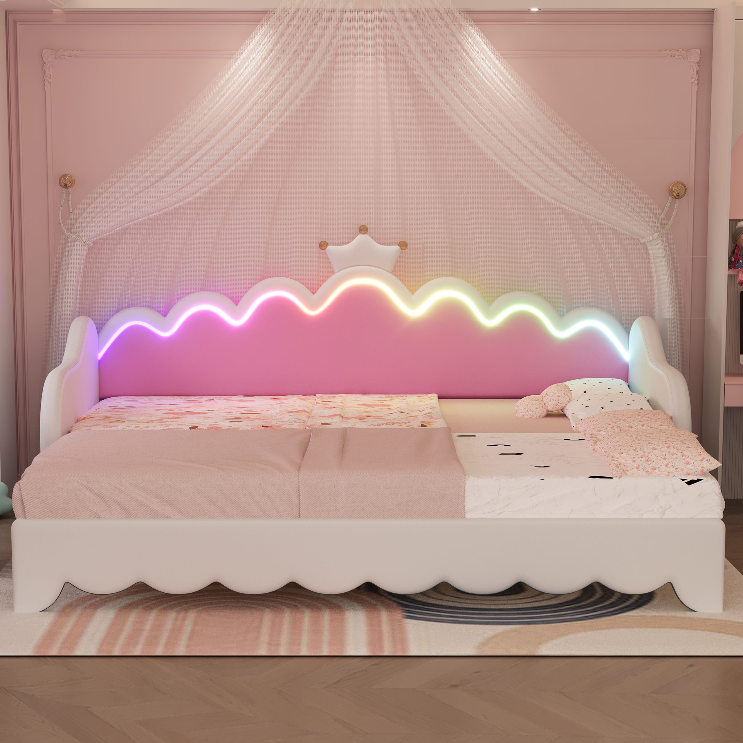 Twin Extending Daybed with LED Lights, Modern Upholstered Princess Daybed With Crown Headboard,White - Image 4