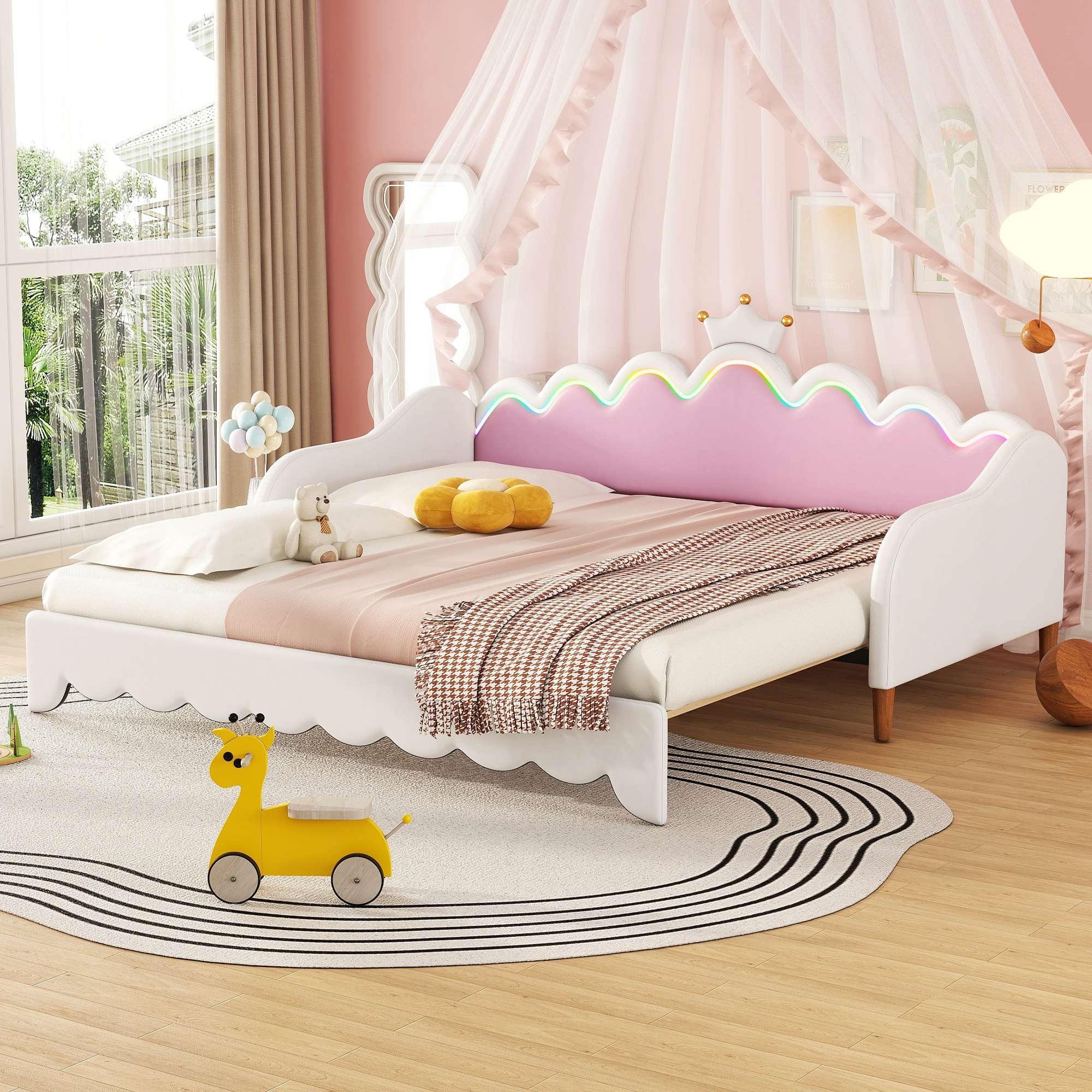 Twin Extending Daybed with LED Lights, Modern Upholstered Princess Daybed With Crown Headboard,White - Image 5