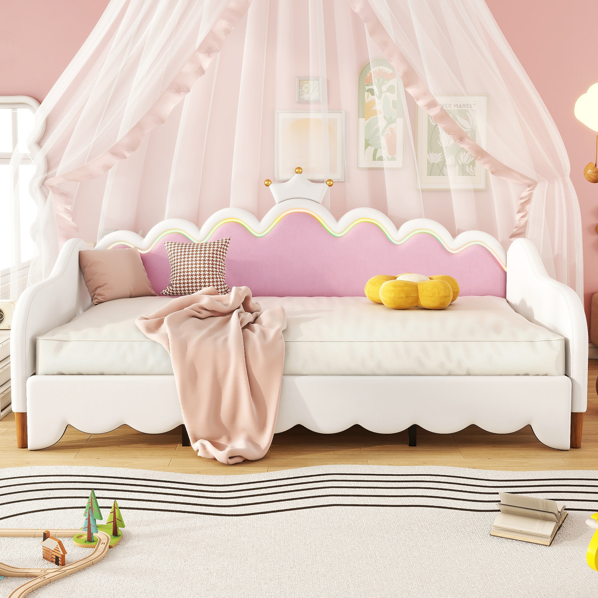 Twin Extending Daybed with LED Lights, Modern Upholstered Princess Daybed With Crown Headboard,White - Image 6