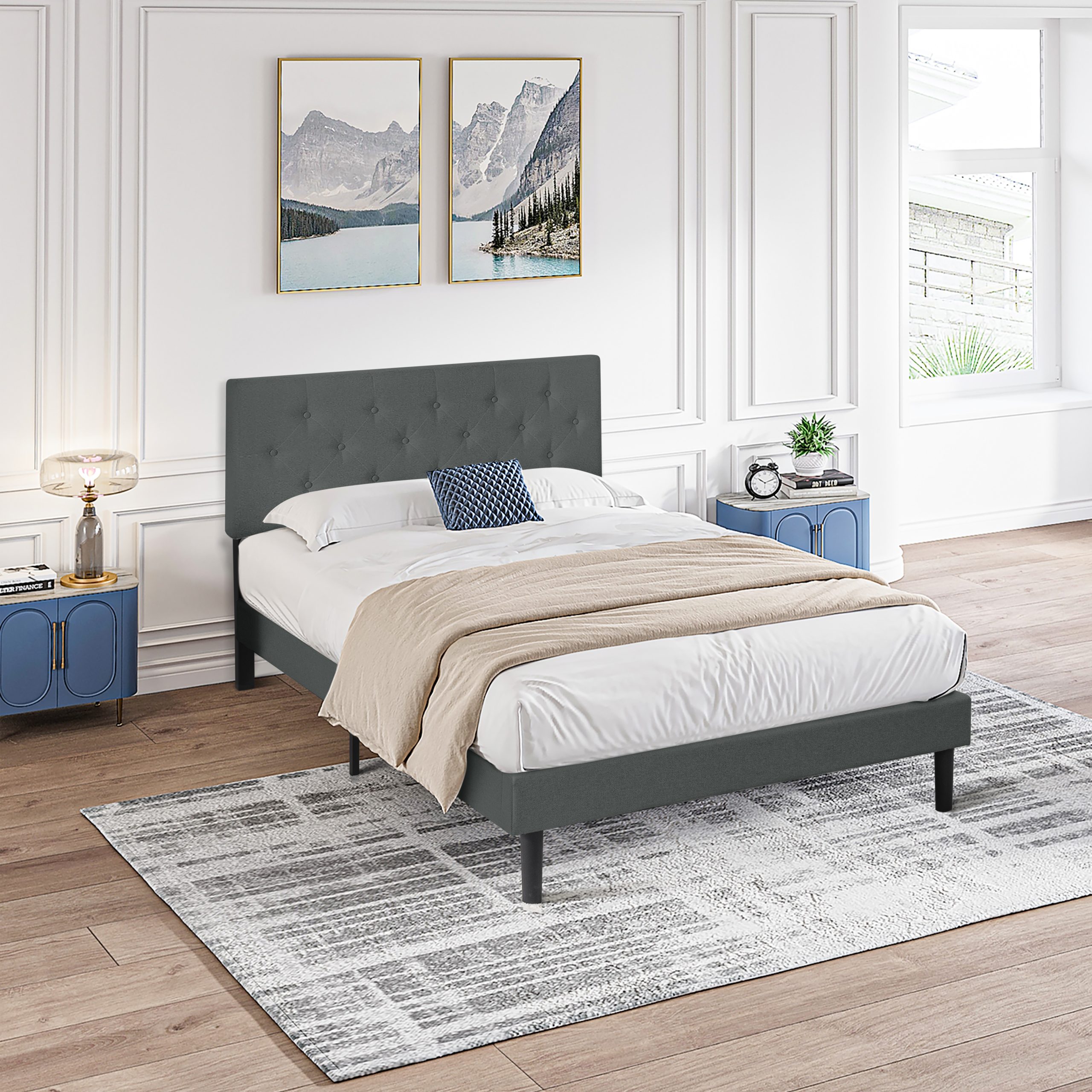 Twin Size Upholstered Platform Bed Frame with Modern Button Tufted Linen Fabric Headboard, No Box Spring Needed, Wood Slat Support, Easy Assembly, Drak Grey - Image 2