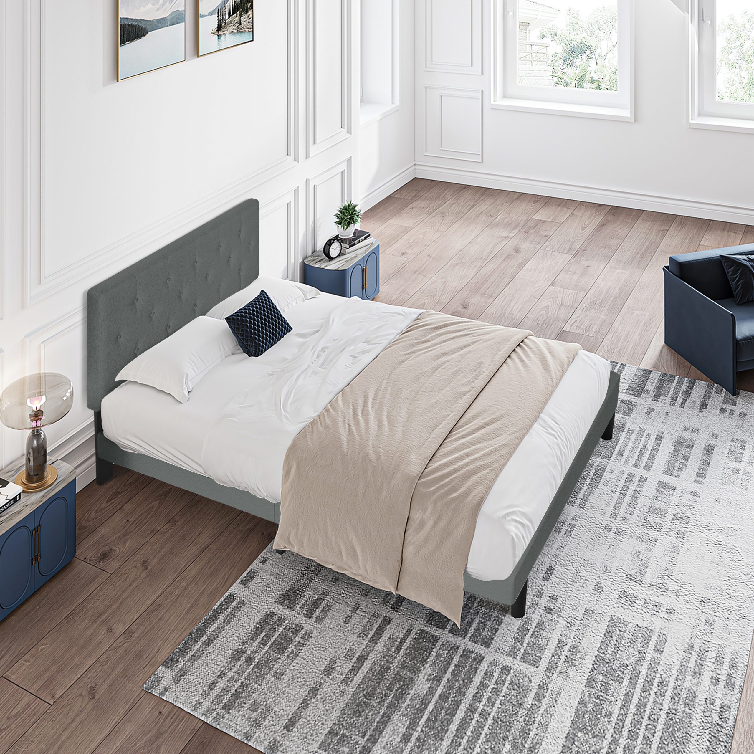Twin Size Upholstered Platform Bed Frame with Modern Button Tufted Linen Fabric Headboard, No Box Spring Needed, Wood Slat Support, Easy Assembly, Drak Grey - Image 3