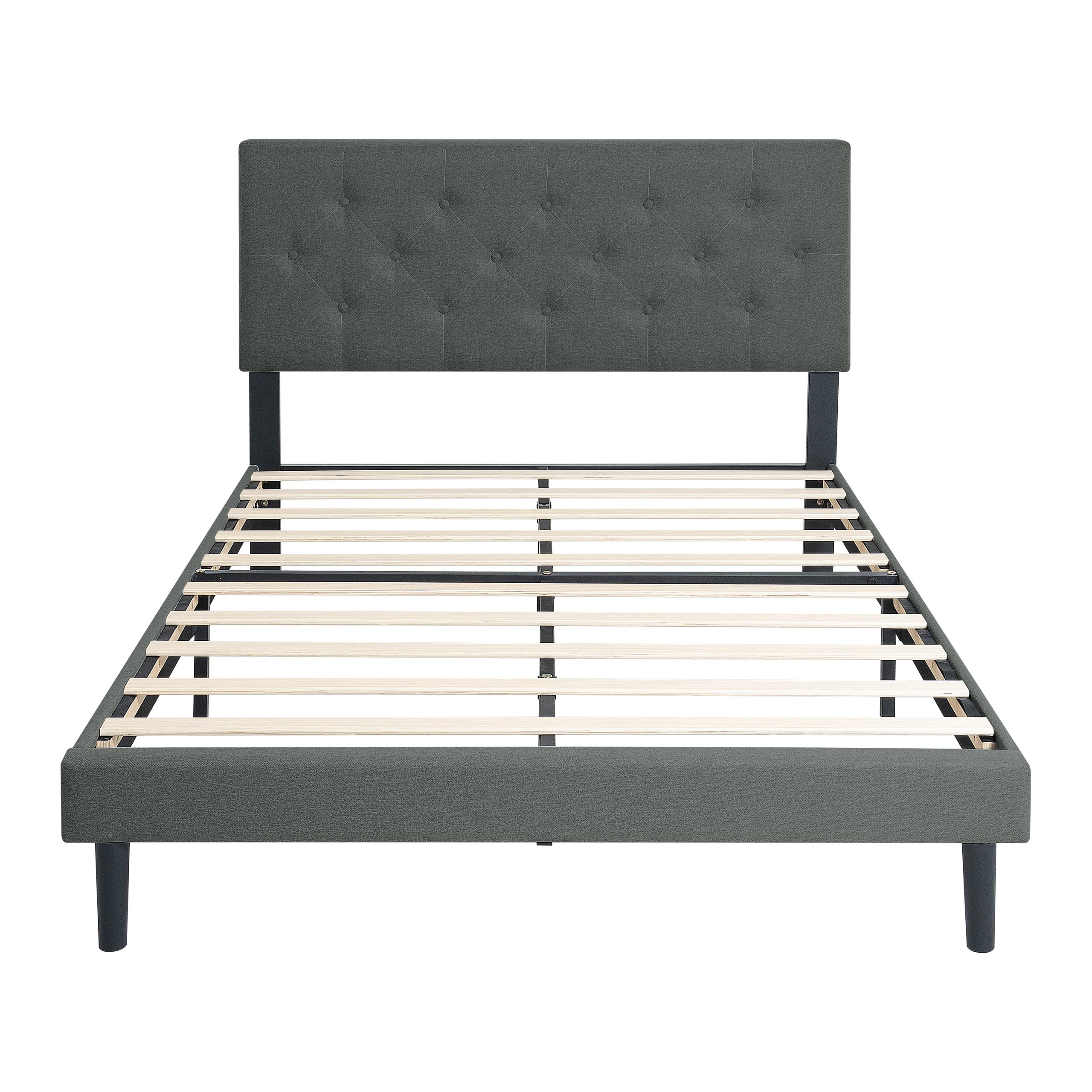 Twin Size Upholstered Platform Bed Frame with Modern Button Tufted Linen Fabric Headboard, No Box Spring Needed, Wood Slat Support, Easy Assembly, Drak Grey - Image 6