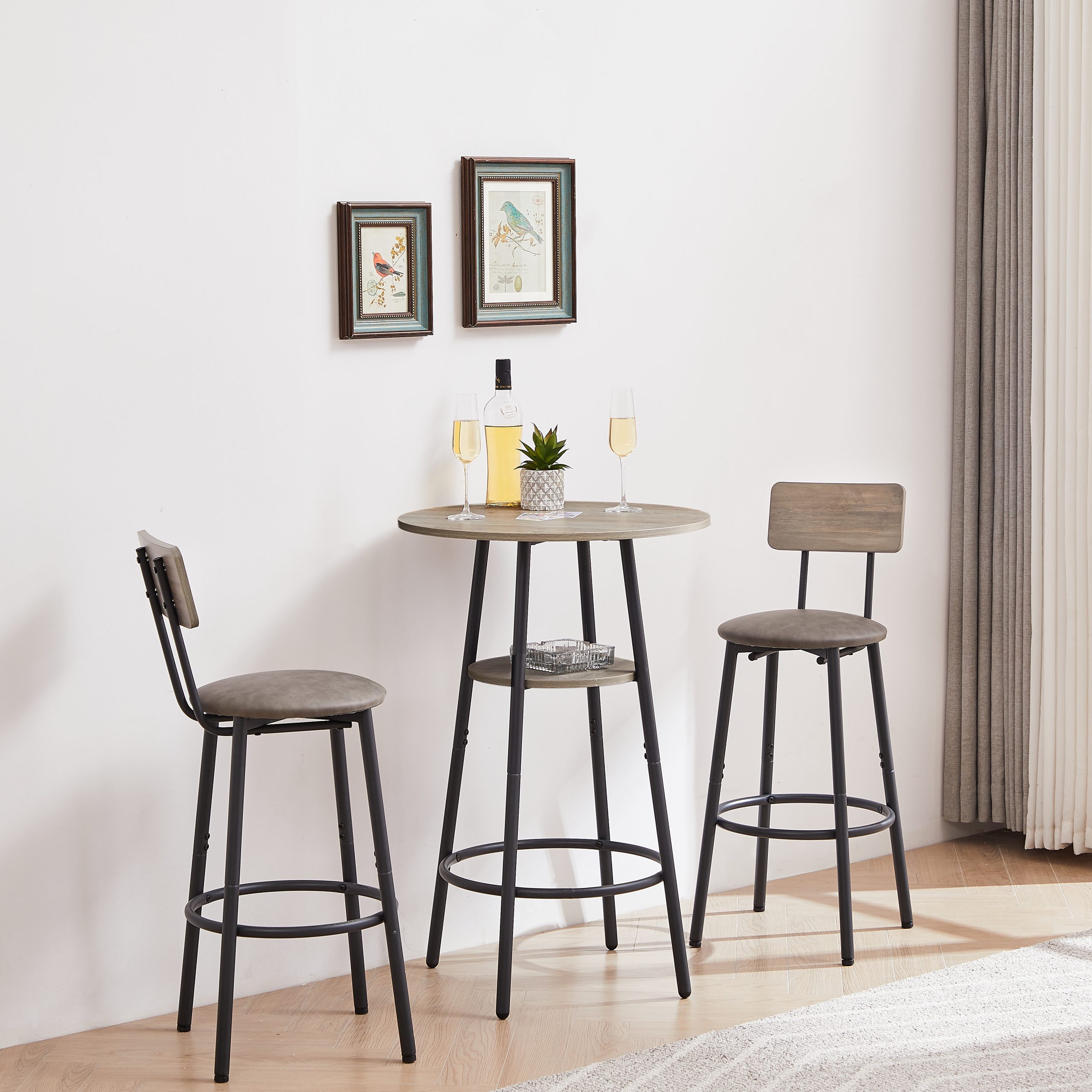 Round bar stool set with shelf, upholstered stool with backrest Grey, 23.62'' W x 23.62'' D x 35.43'' H. - Image 4