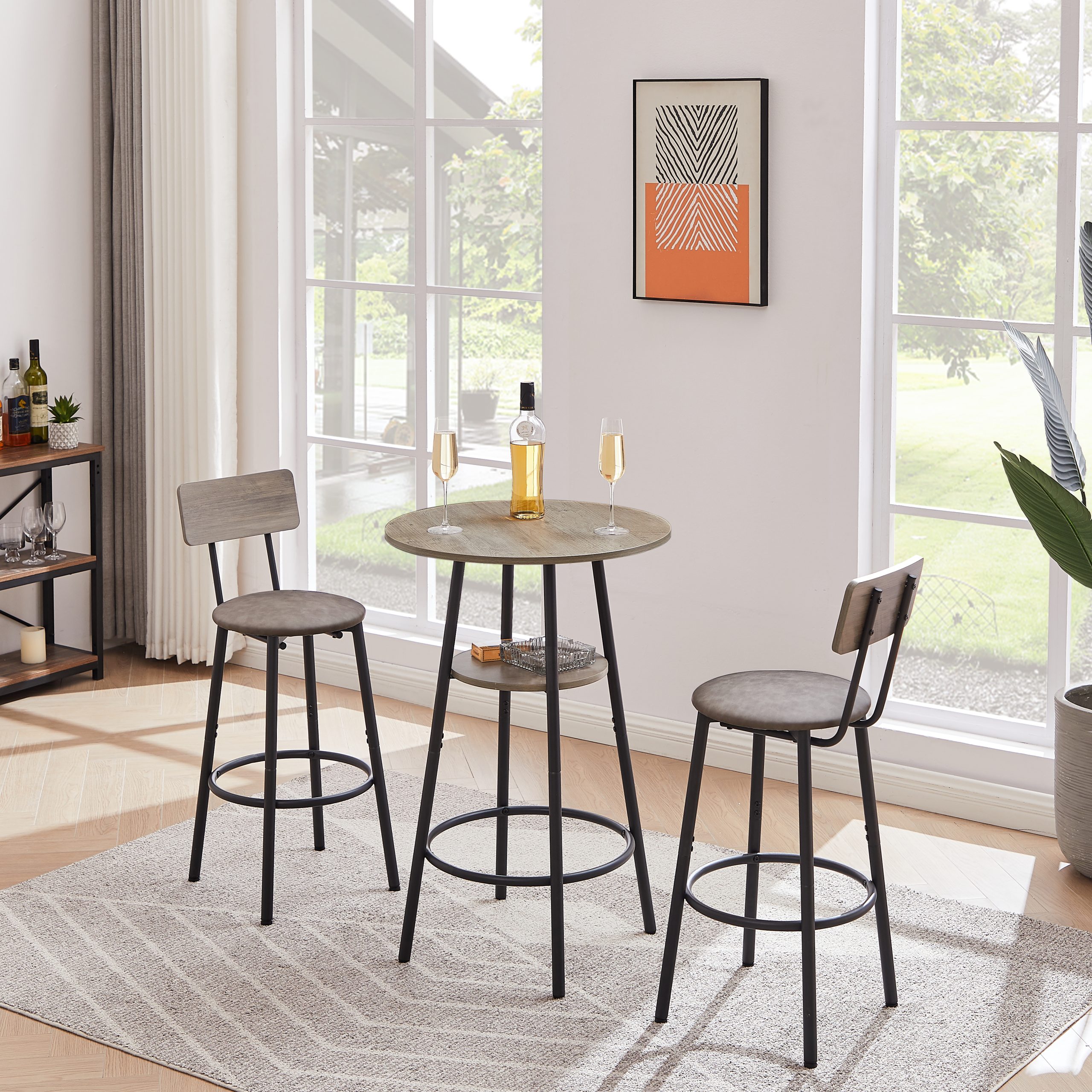 Round bar stool set with shelf, upholstered stool with backrest Grey, 23.62'' W x 23.62'' D x 35.43'' H. - Image 5
