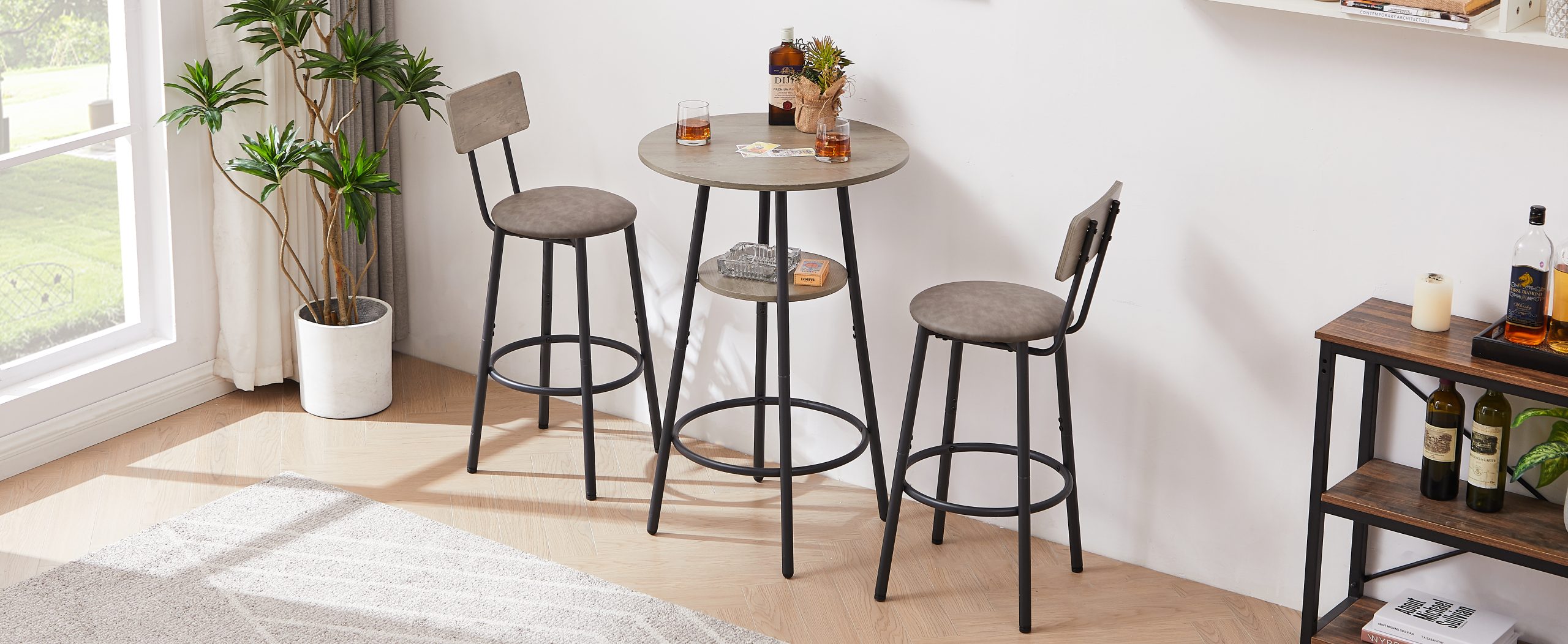 Round bar stool set with shelf, upholstered stool with backrest Grey, 23.62'' W x 23.62'' D x 35.43'' H. - Image 6